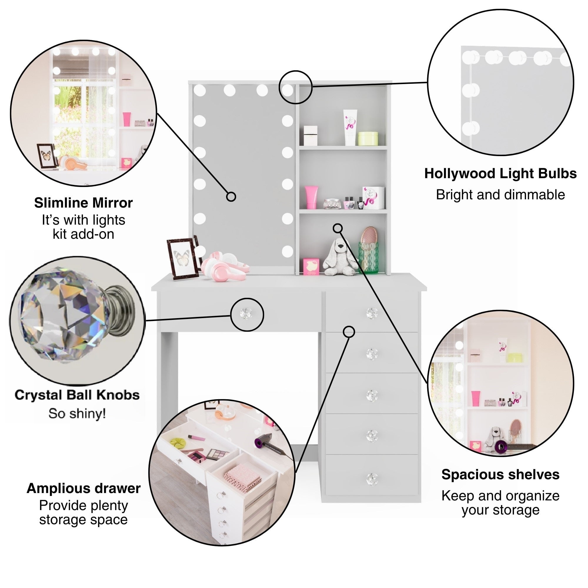 Ember Interiors Kids Vanity Desk with Mirror and Lights – White Makeup Table with 6 Drawers & Crystal Ball Knobs for Girls' Bedroom or Playroom - Image 7