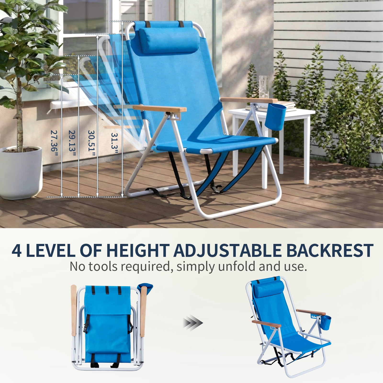 Ktaxon Backpack Beach Chair, Outdoor 4-Level Adjustable Folding Chair, Protable Seating with Cup Holder & Removable Headrest, Blue - Image 3