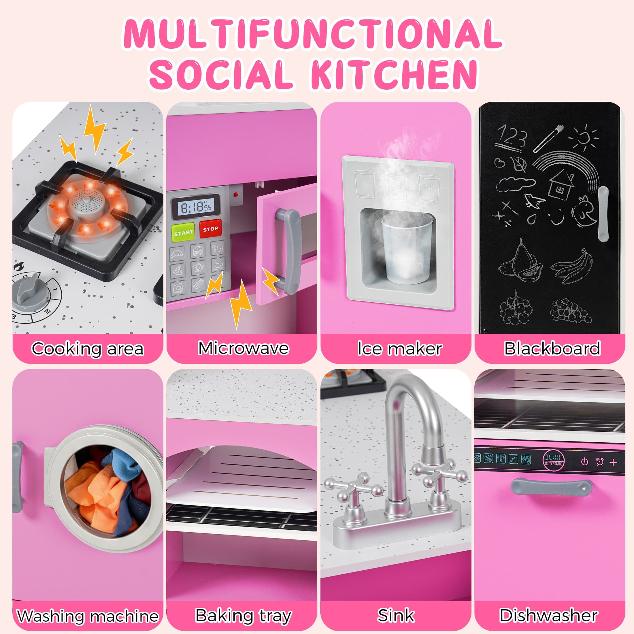 COCLUB Modern Wooden Play Kitchen Island for Kids, Pretend Play Center w/ Electronic Light & Sound Effects, Kids Kitchen Playset | Microwave, Washer, Ice Maker, Chalkboard & Accessories Included - Image 8