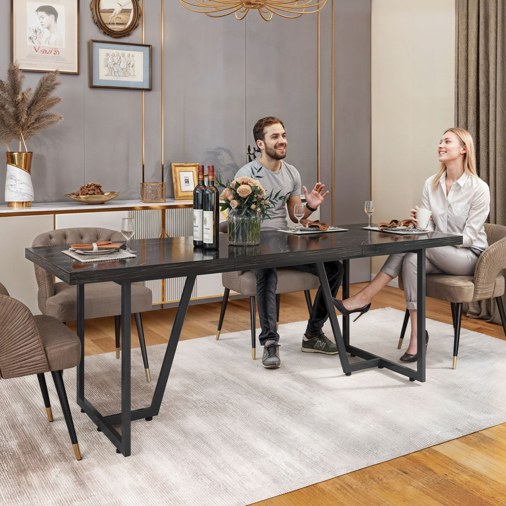 Dextrus Modern Dining Table, 82 inches Rectangle Dinner Table for 6-8 People, Faux Marble Large Kitchen Table with Gold Metal Legs for Dinner Room Kitchen, Black - Image 8