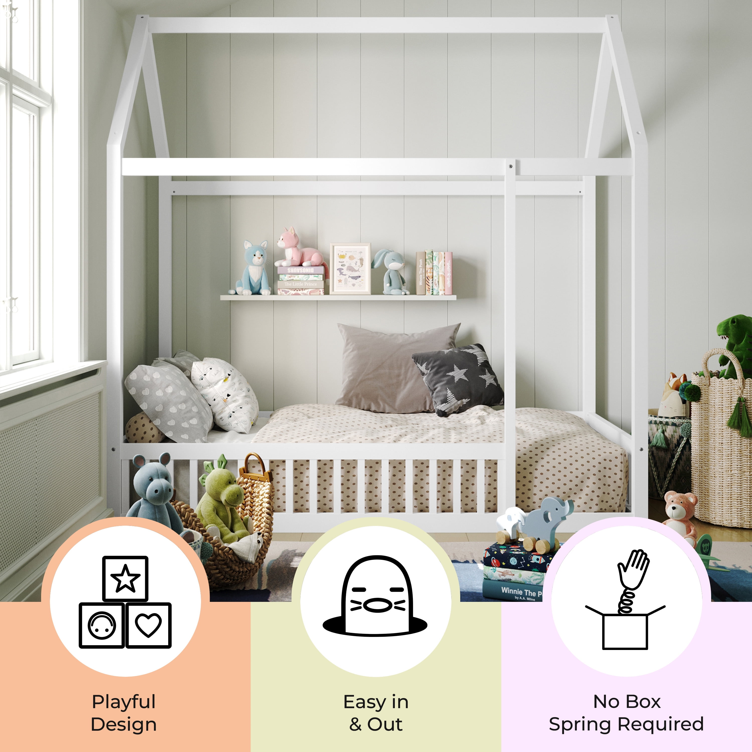 Buzz & Bloom Kids Twin-Size House Shaped Bed with Triangular Top, White - Image 3