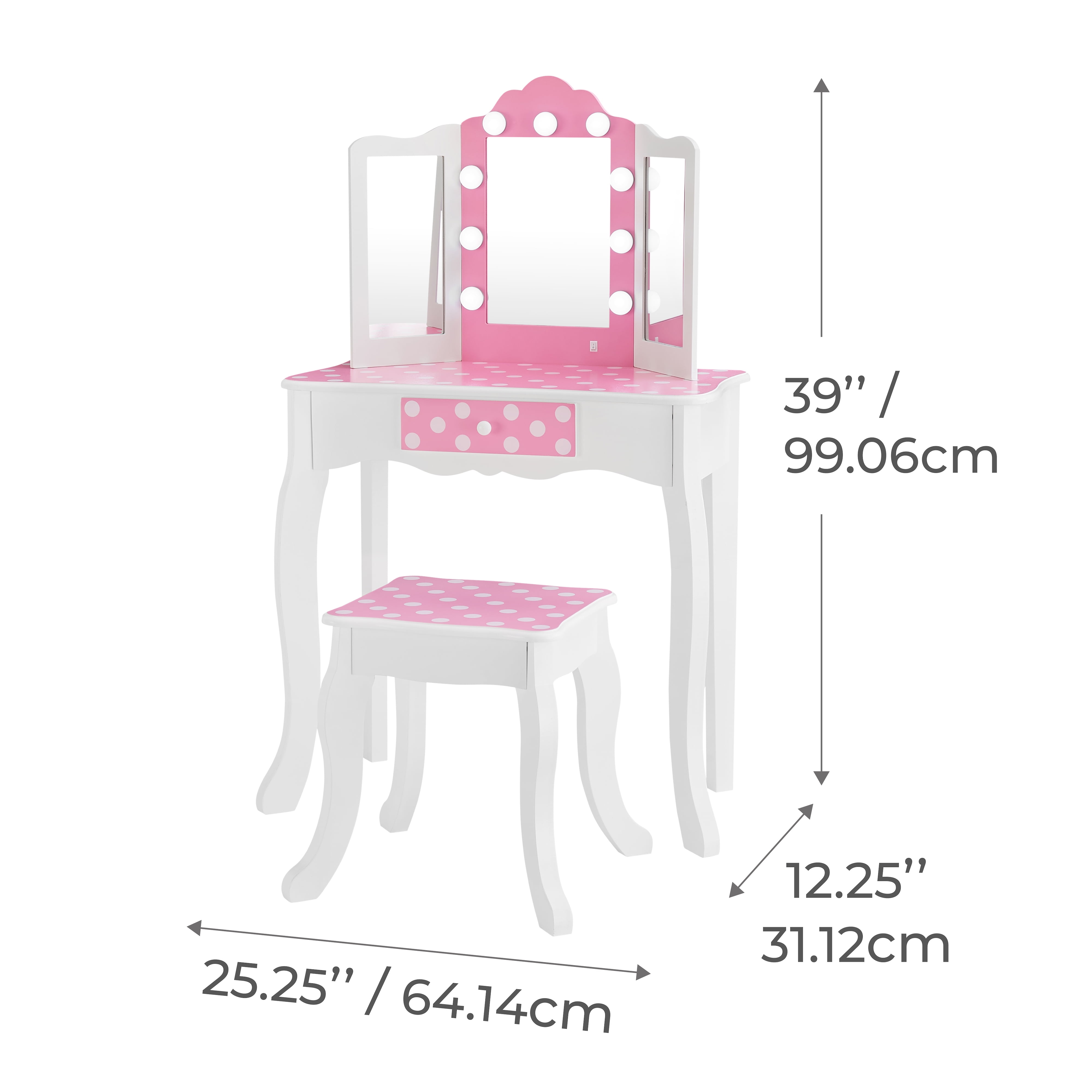 Fantasy Fields Gisele Polka Dot Kids Vanity Table & Stool with LED, White & Pink - Image 8