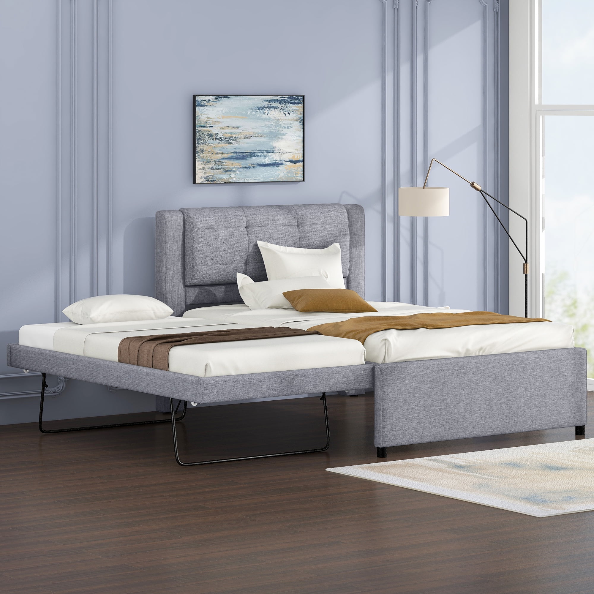 Euroco Upholstered Full Platform Bed with Pop-up Twin Trundle for Bedroom, 2 Beds in One, Gray - Image 9