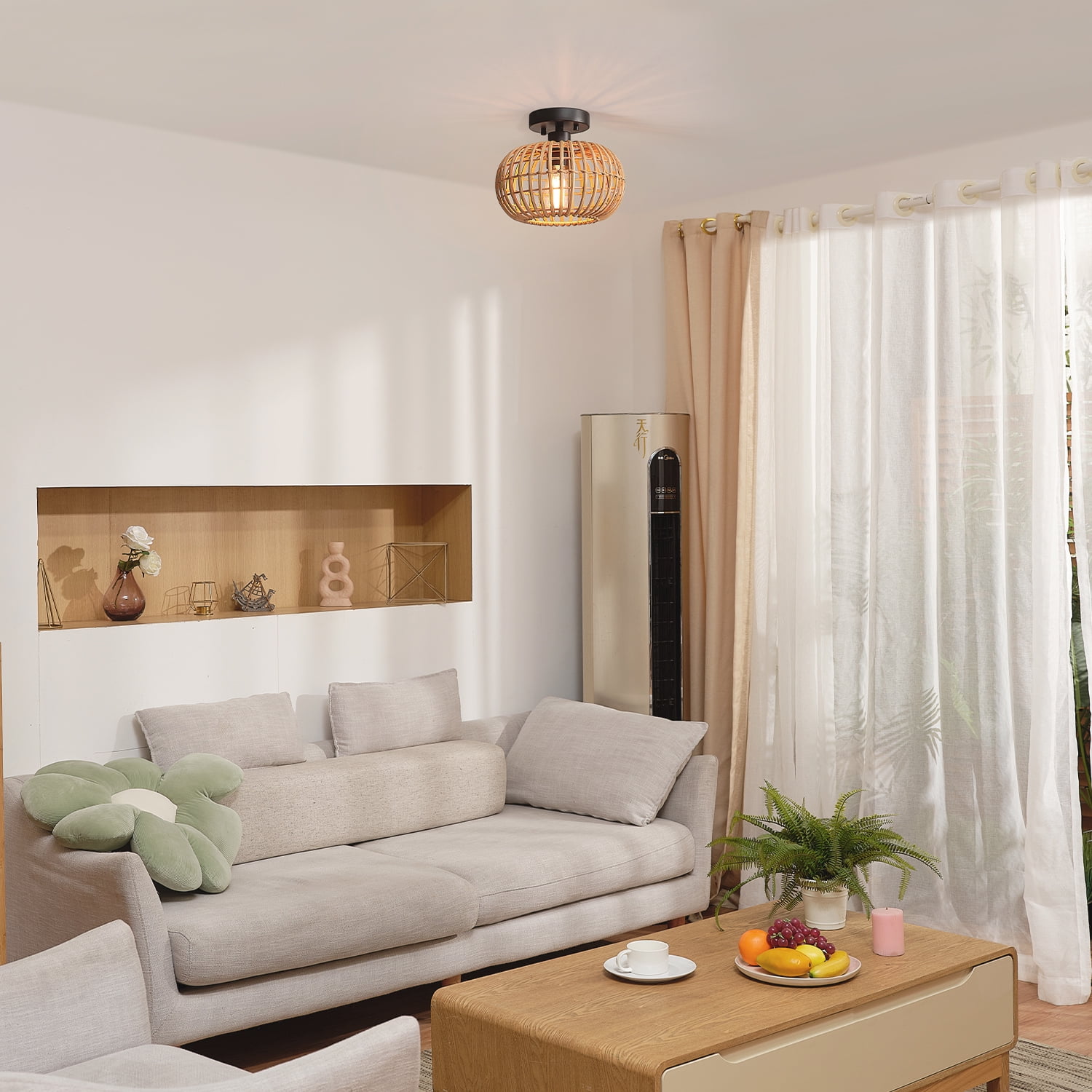 Globe Electric Fitz 1-Light Black Flush Mount Ceiling Light with Rattan Shade, 91000921 - Image 10