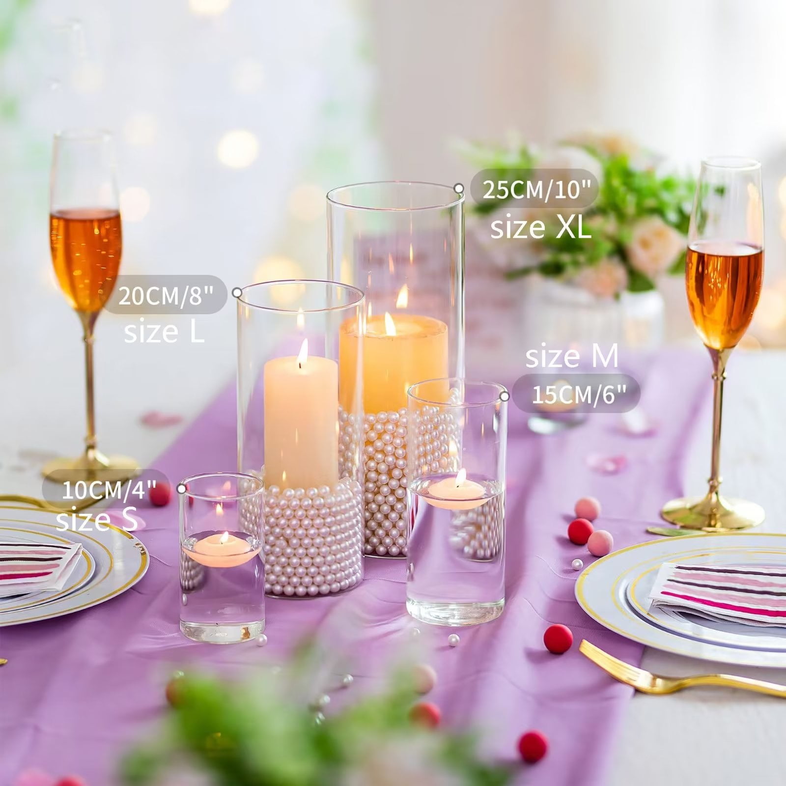 Glasseam Set of 12 Clear Glass Cylinder Vases Hurricane Pillar Candle Holders, 6", 8" & 10" - Image 6