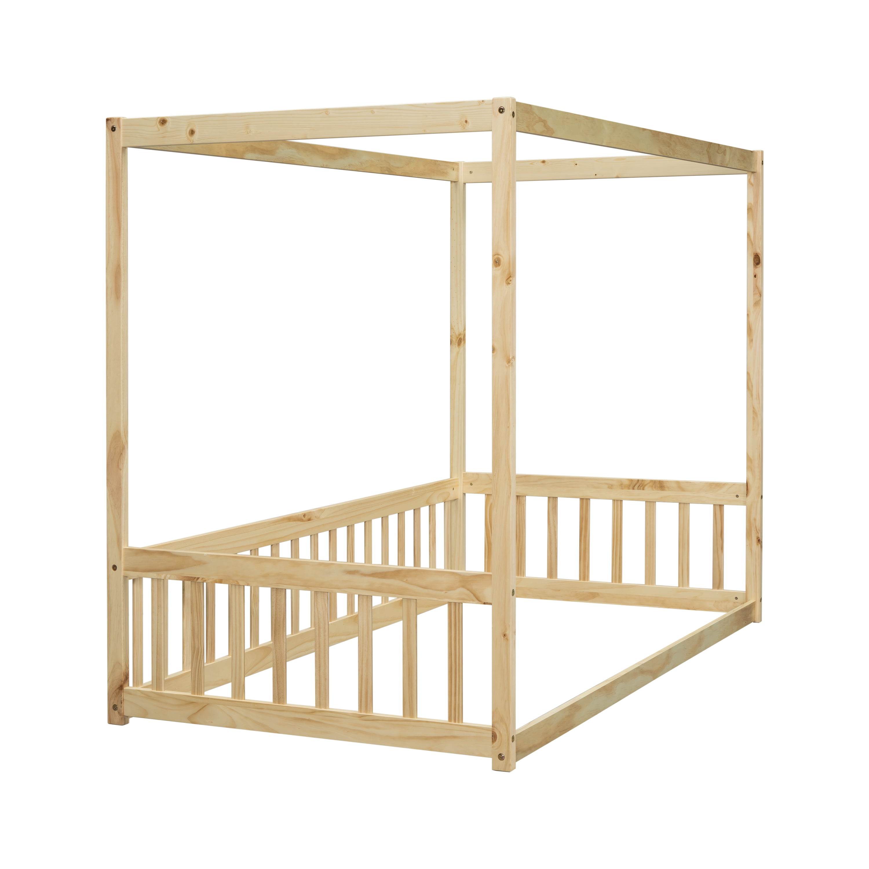 Miniyam Wood Twin Size Canopy Floor Bed with Guardrails for Kids and Teens, Natural - Image 7