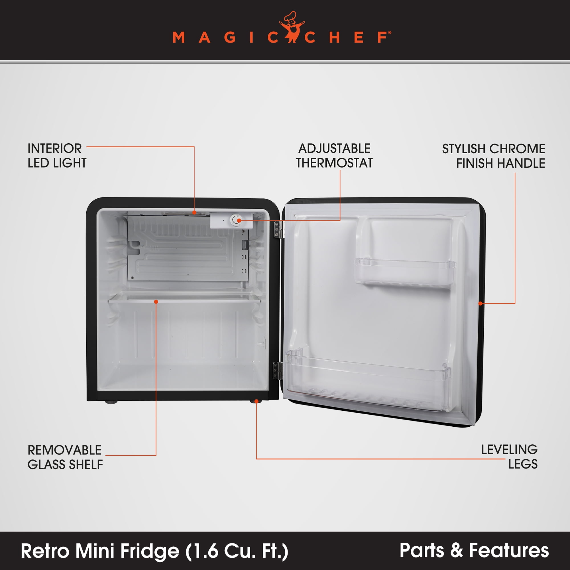 Magic Chef 1.6 Cu. Ft. Retro Mini Fridge with LED Light, Black, 34 lbs - Image 7