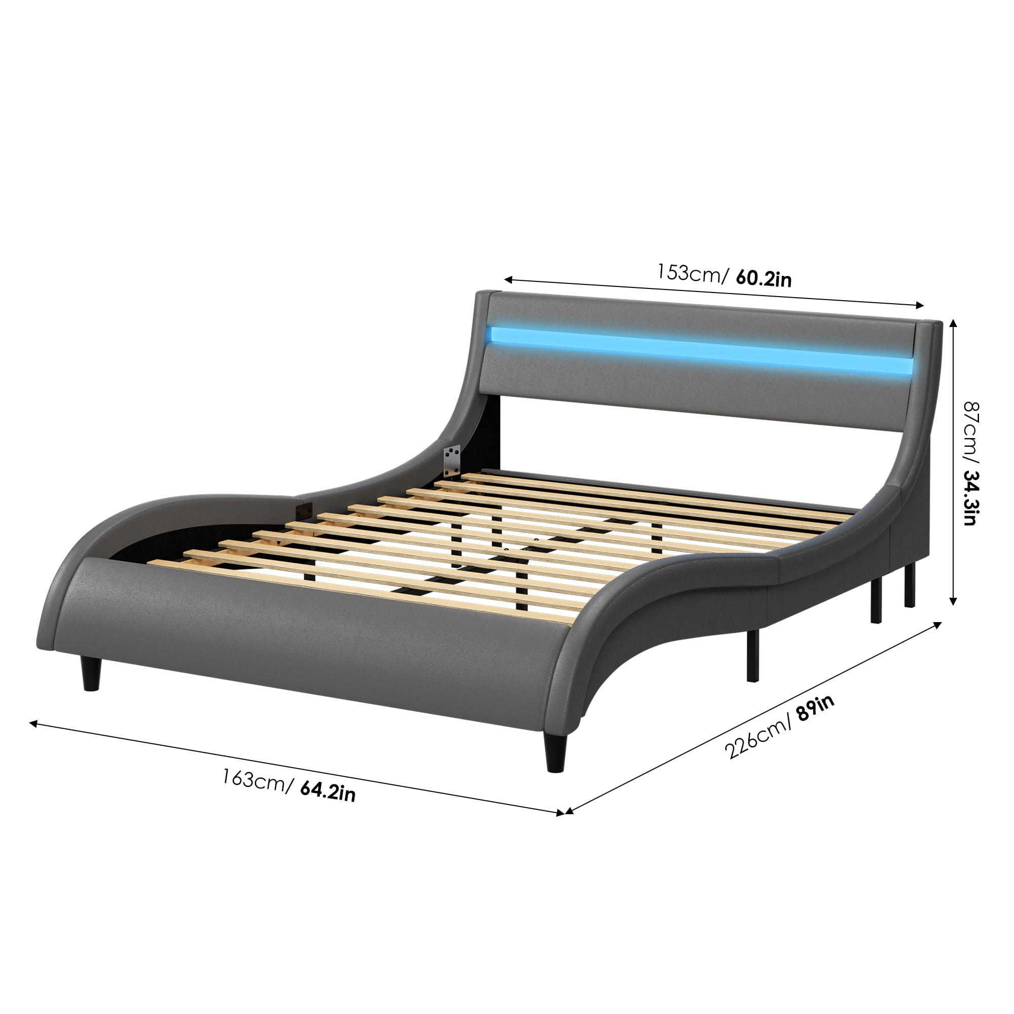 Homfa Queen Size Led Bed Frame, Upholstered Platform Bed with 16 Color Led Headboard, Gray - Image 9