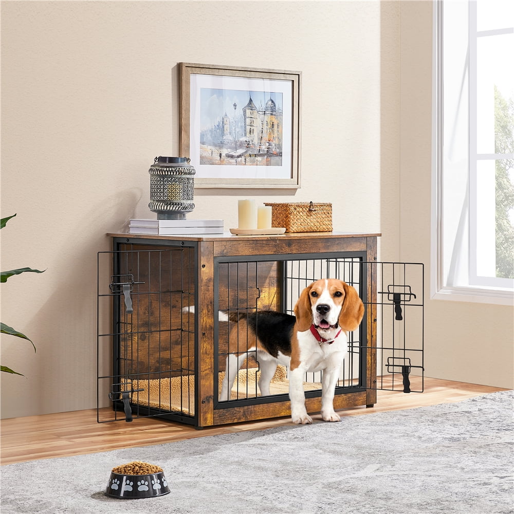 Alden Design 32″ Dog Crate Furniture with Anti-skid Plush Mat for Medium Dog, Rustic Brown - Image 7