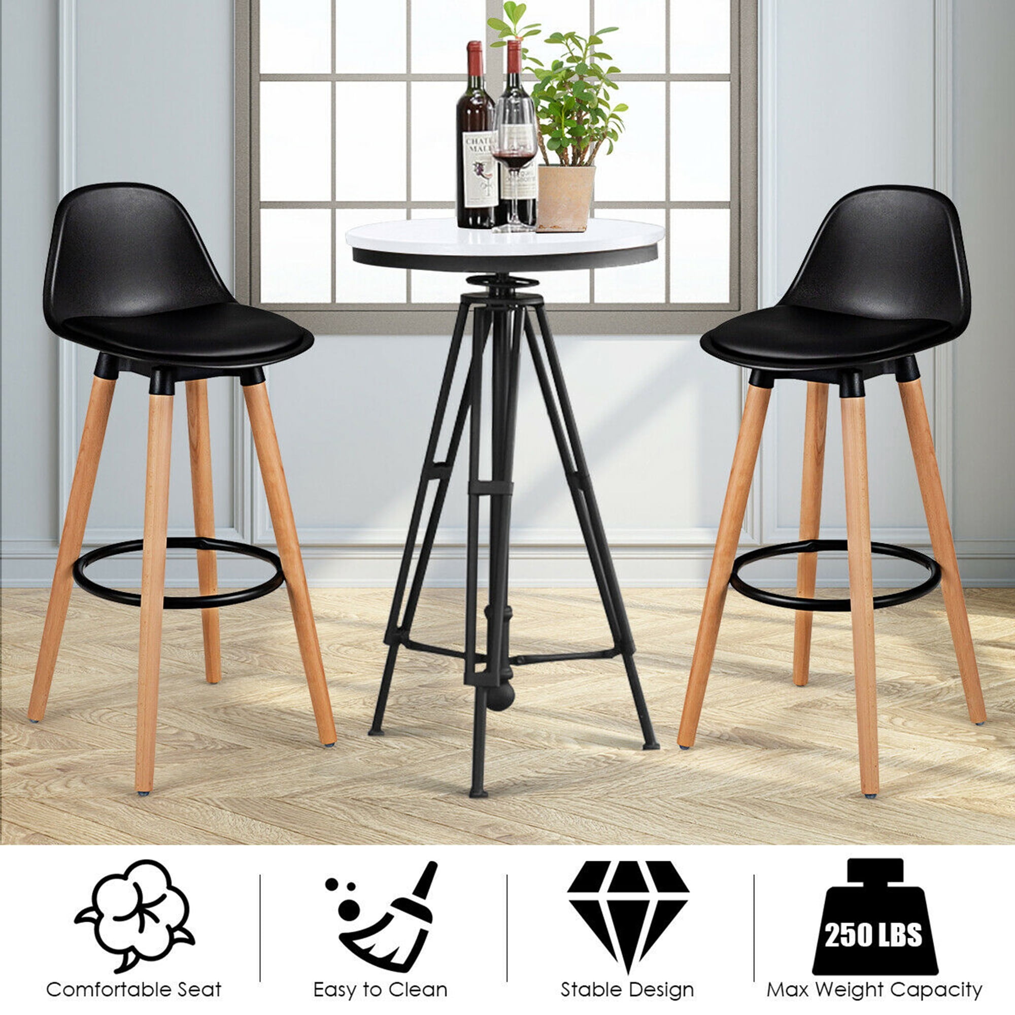 Gymax Set of 2 Mid Century Barstool 28.5" Dining Pub Chair w/Leather Padded Seat Black - Image 2