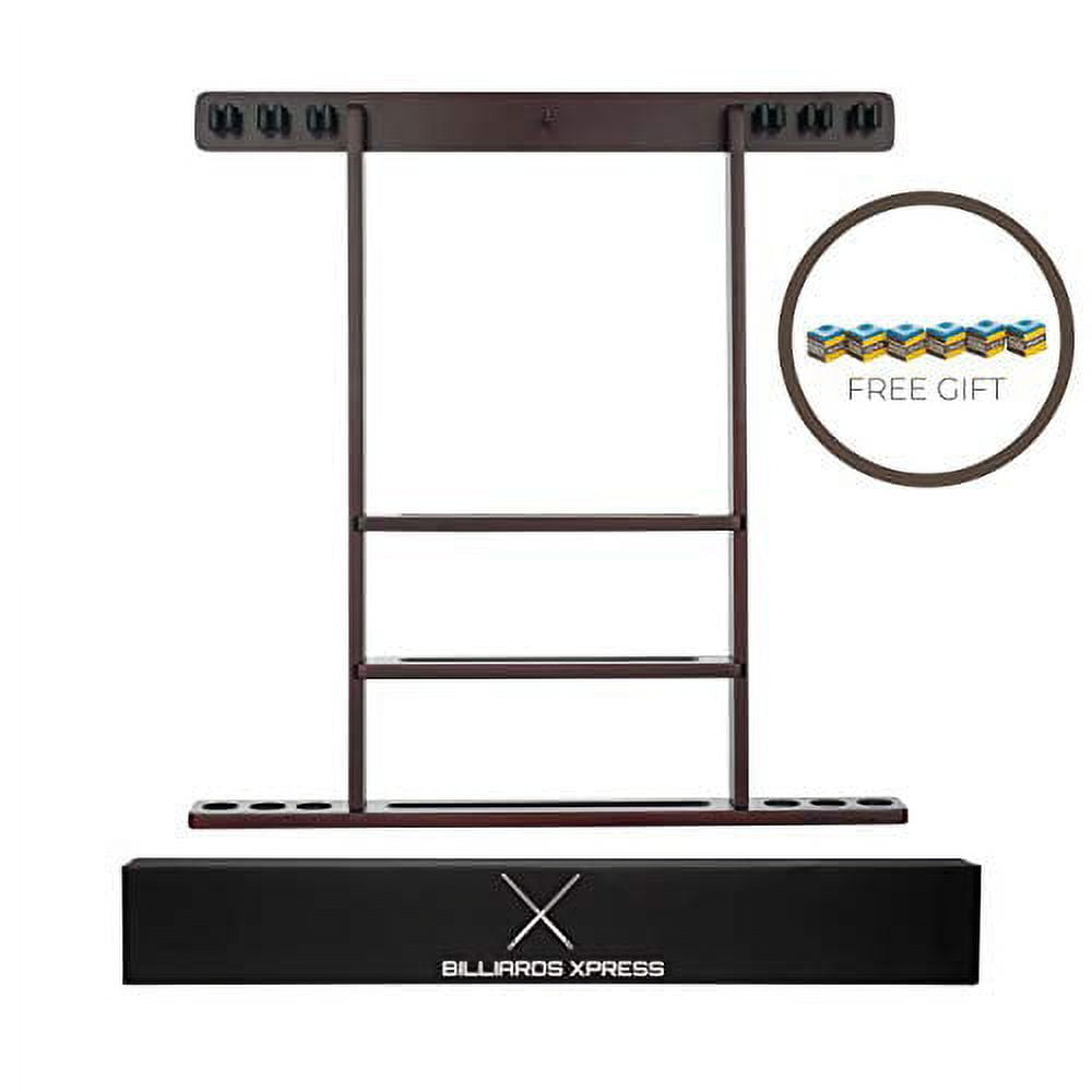 Pool Cue Rack - Pool Stick Holder Wall Mount With 16 Ball Holders & 6 Pack Of Chalk - Rubber Circle Pads & Large Clips Prevent Damage - Compact Billiard Table Accessories For Man Cave (Mahogany) - Image 3