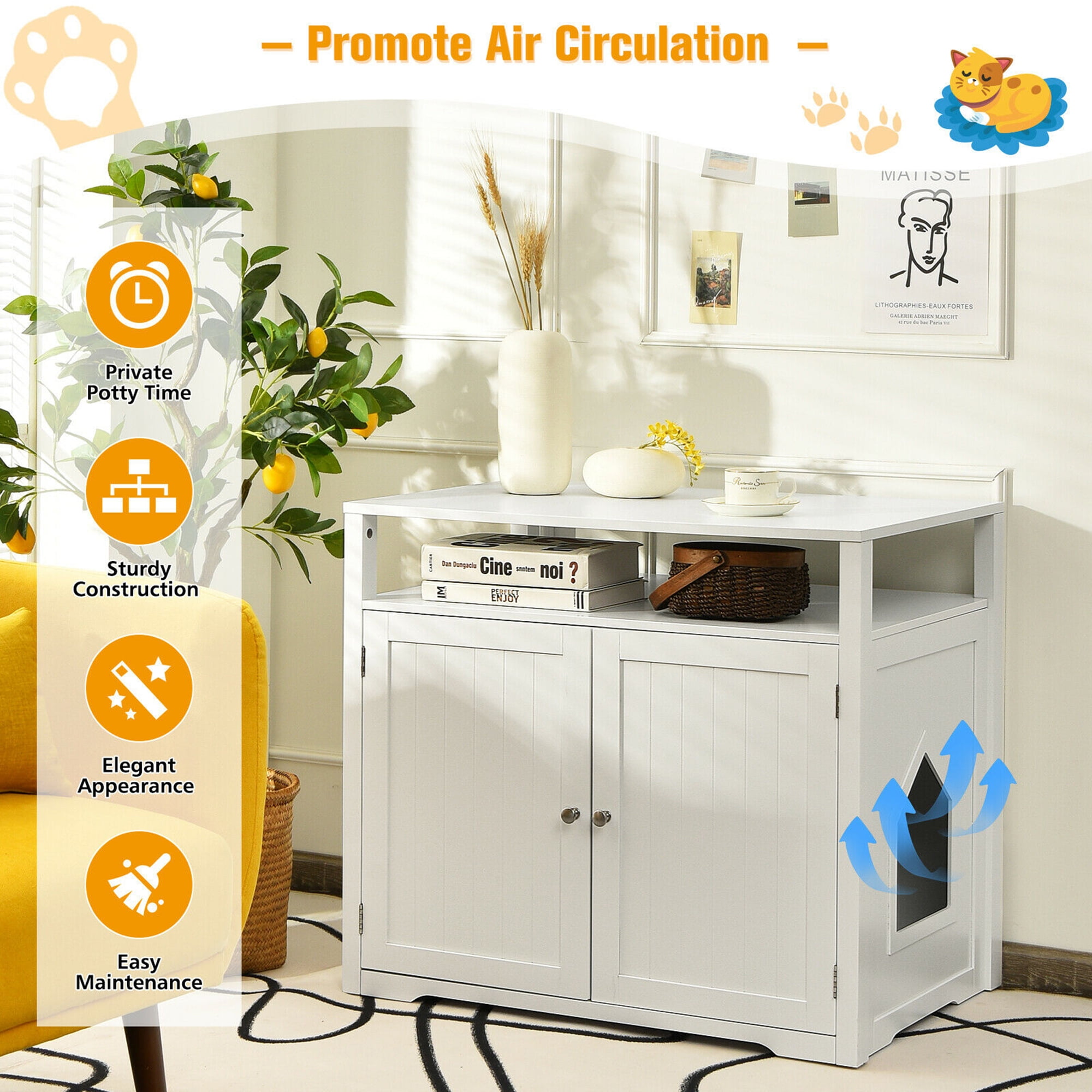 Gymax Wooden Cat Litter Box Enclosure with Storage Layer, White - Image 8