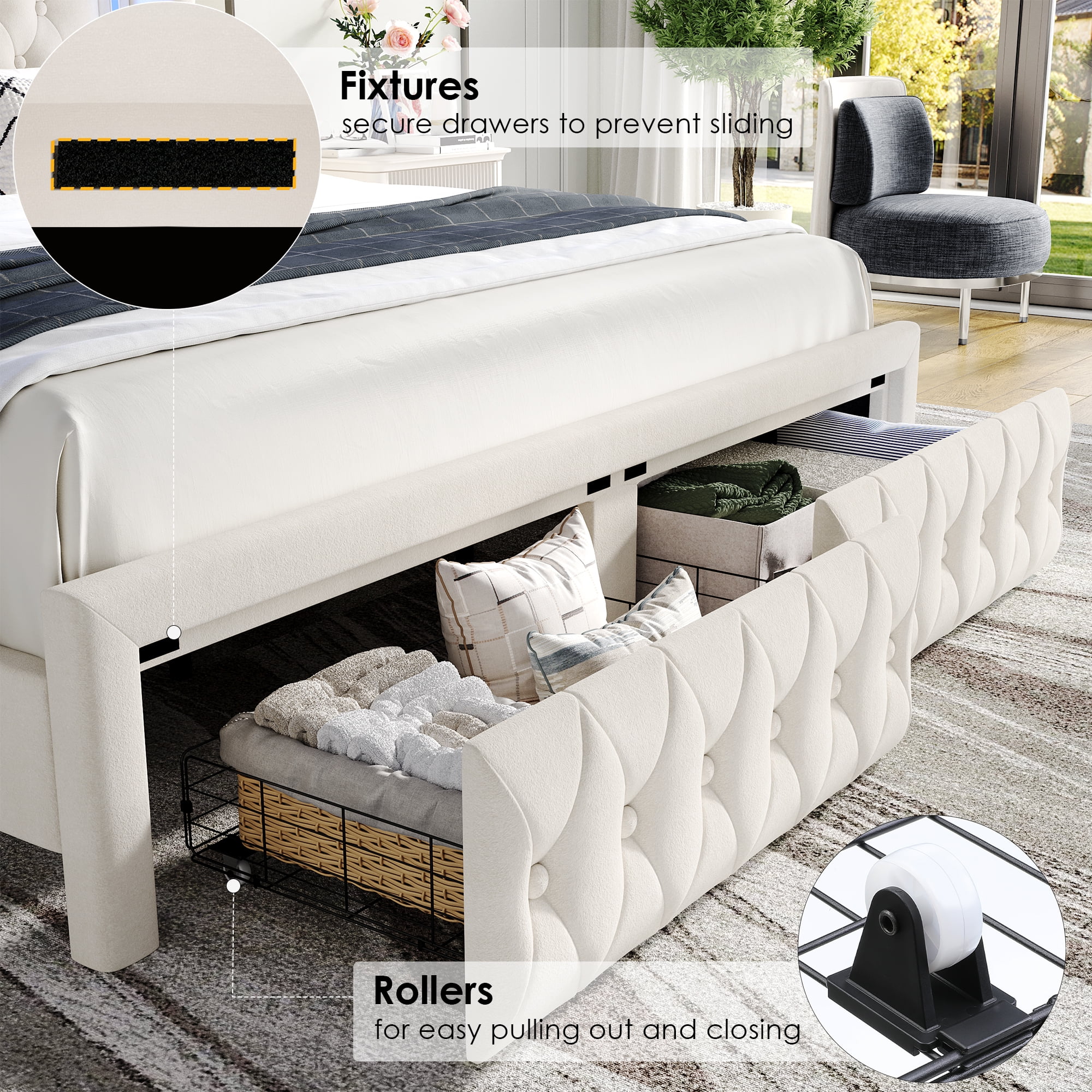 Homfa Queen Size LED Bed Frame with Storage Drawers, 54in Tall Velvet Upholstered Headboard Platform Bed with Wingback Buttons Headboard, Beige - Image 10