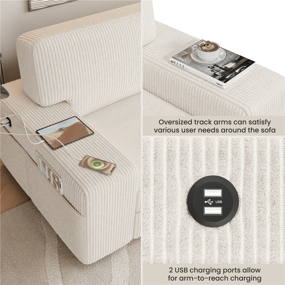 Renwick 83.5'' W 2-Seater Modern Corduroy Fabric Sofa Couch with USB Charging Ports, All Ages, Ivory - Image 10
