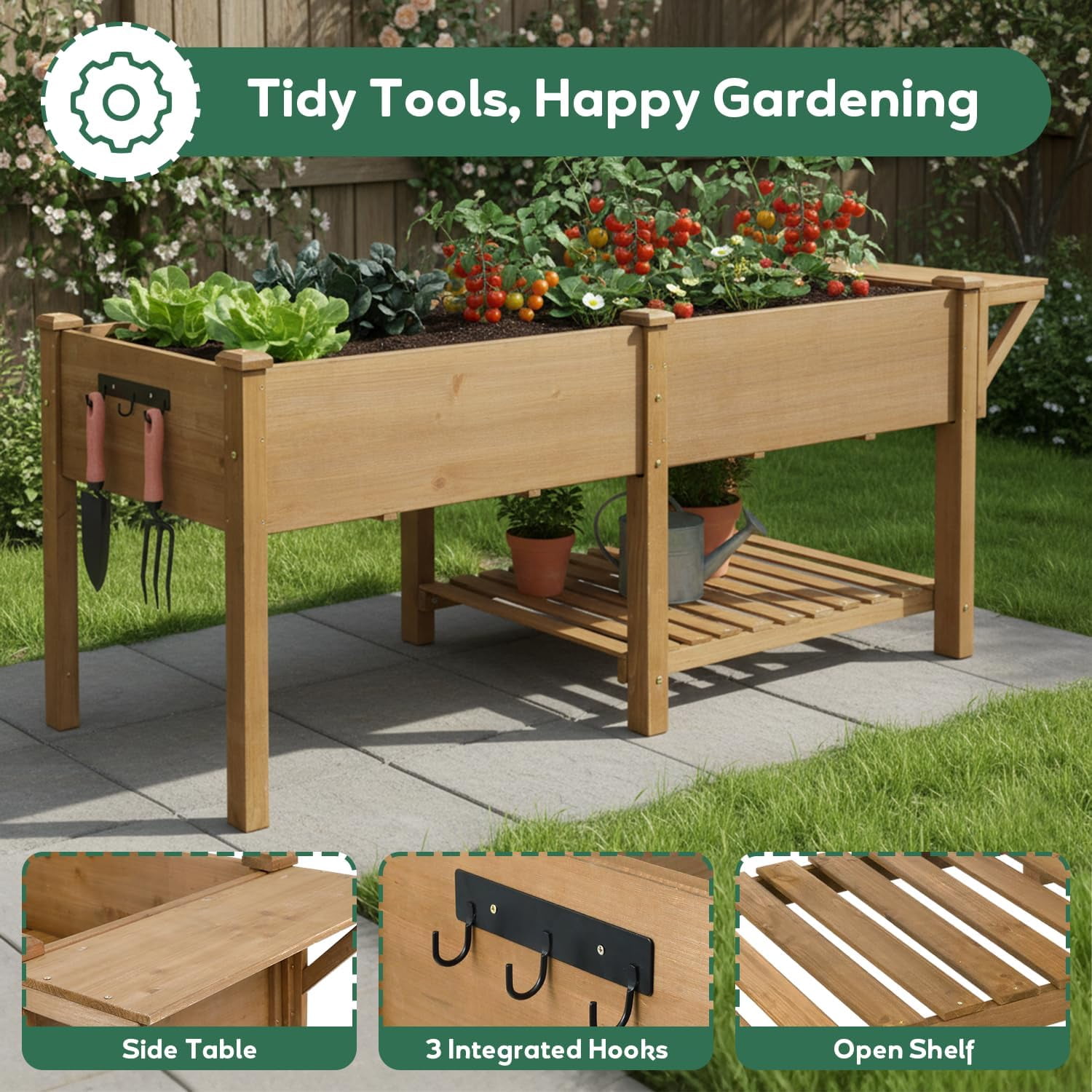 81" Large Raised Garden Bed with Legs, Elevated Planter Box with Liner, Side Table, Storage Shelf & Hanging Hooks for Vegetables & Herbs, Brown - Image 3