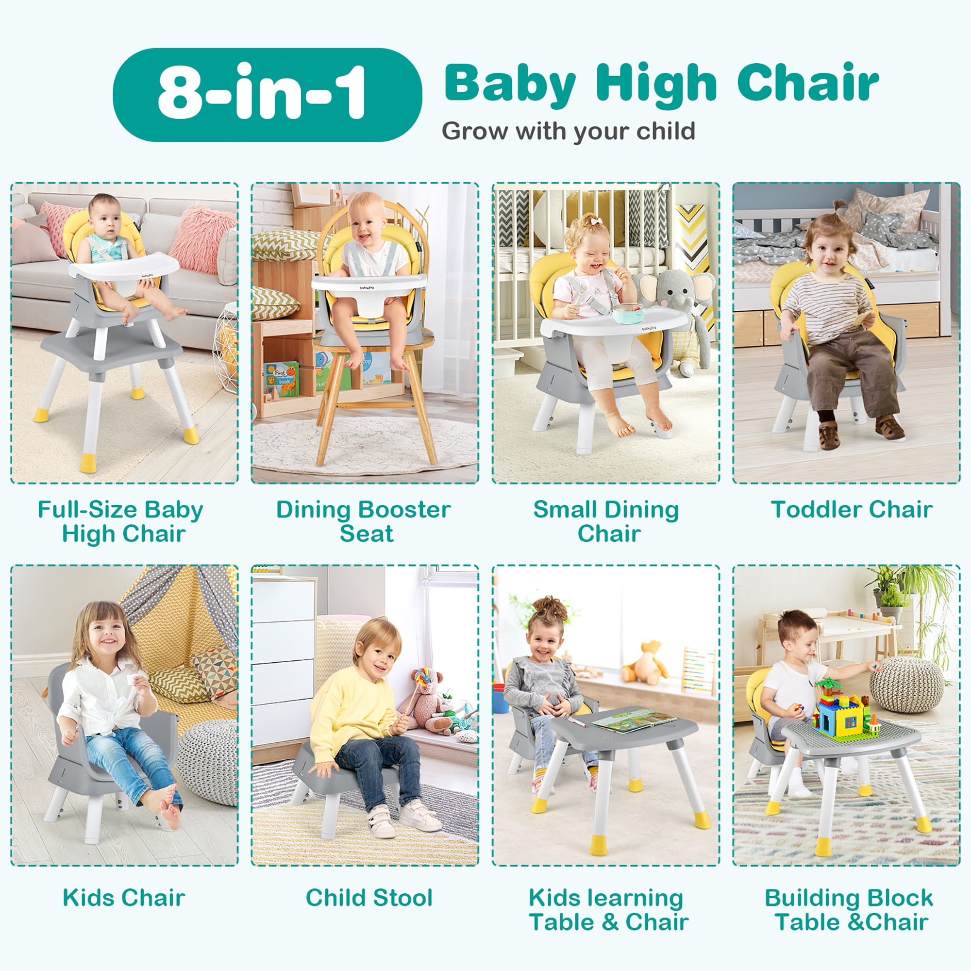 Babyjoy 8-in-1 unisex Baby High Chair Convertible Dining Booster Seat with Removable Tray Yellow - Image 3