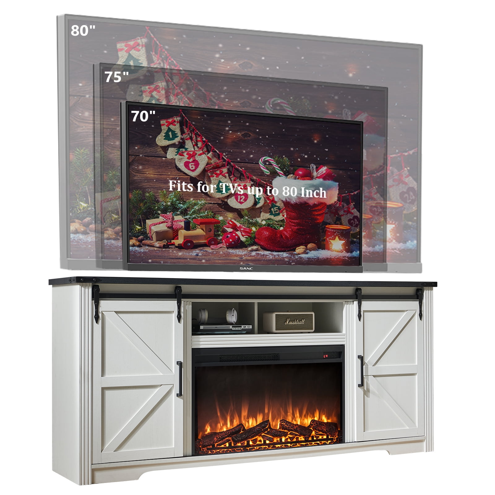 T4TREAM Farmhouse TV Stand for TVs up to 80", Entertainment Center with 30" Electric Fireplace and Sliding Barn Door&4 Drawers Storage Inside, Off White - Image 7