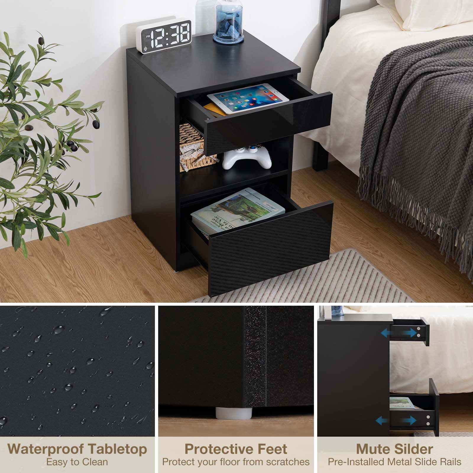 Hommpa Nightstand, 2 Drawer Nightstand Open Shelf Nightstands Bedside Table Modern End Tables Living Room High Gloss Side Table Bedroom Home Furniture Black - Image 9