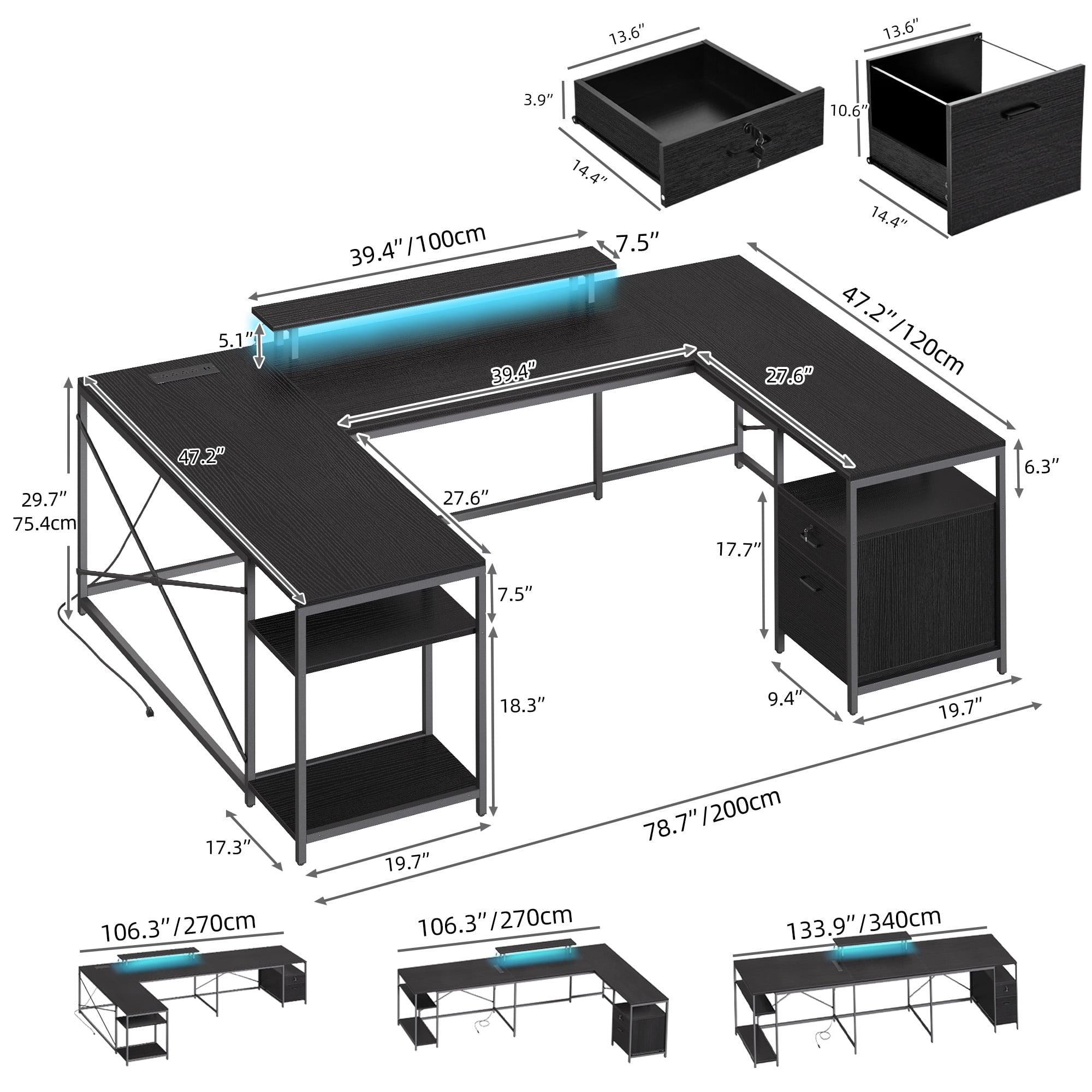Dextrus L Shaped Desk with Power Outlets & LED Lights, Reversible Computer Desk with Drawers & Storage Shelves, Large U Shaped Desk, Black - Image 6