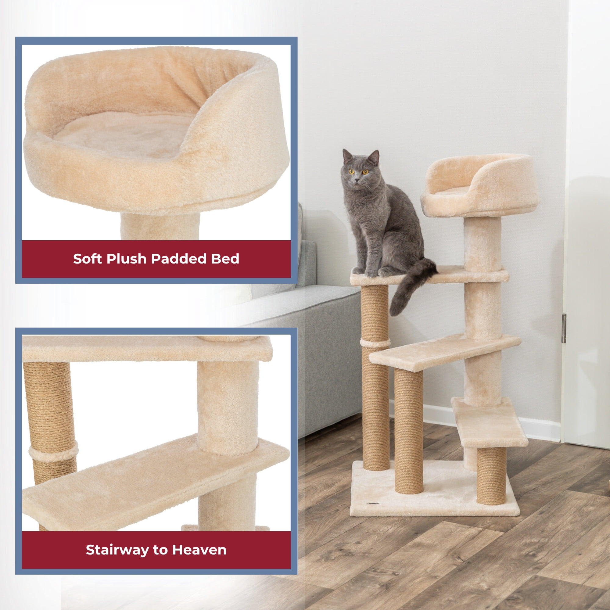 TRIXIE Tulia Senior Plush & Sisal 4-Level 40.2" Cat Tree, Scratching Posts & Bed, Beige - Image 2
