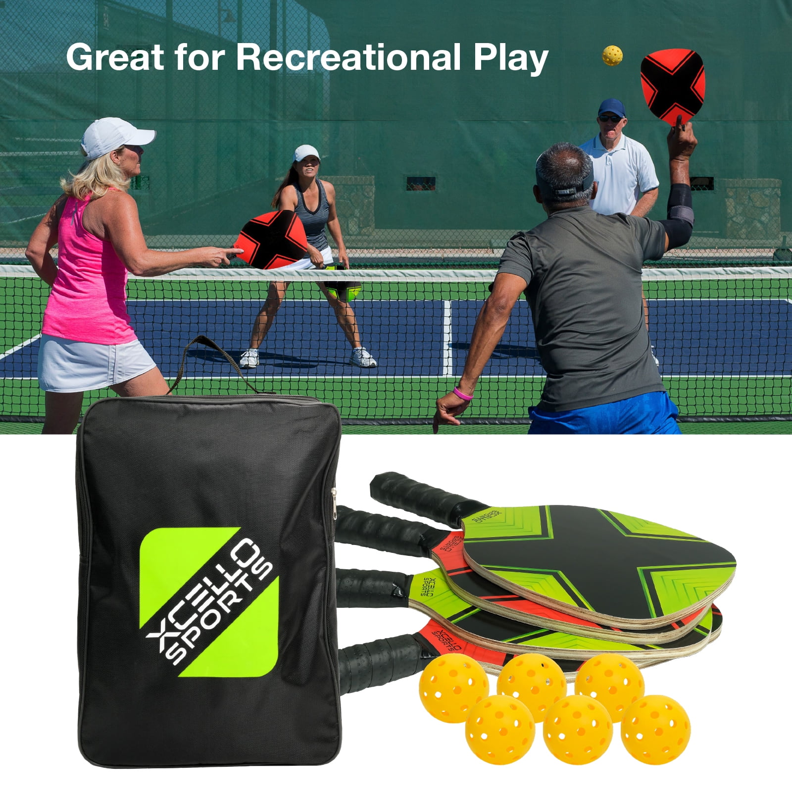 Xcello Sports Pickleball Set of 4 Premium Pickleball Paddle with 6 Outdoor Pickle Balls and Carry Pickleball Bag, 2 Green and 2 Red Paddles - Image 2