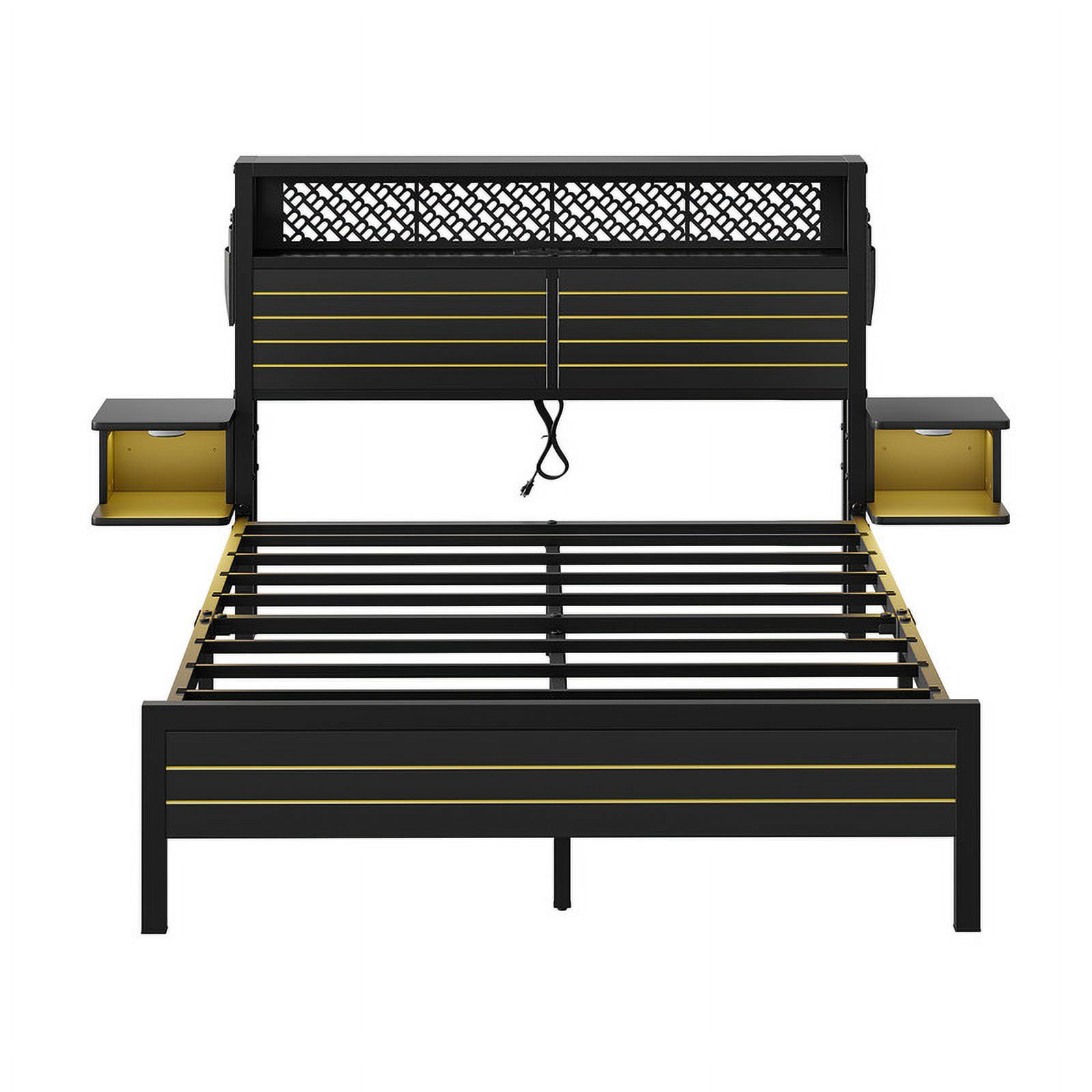 Bestier Full Size Metal Platform Bed Frame with Storage Headboard Charging Station & 2 Nightstands LED Lights, Black - Image 3