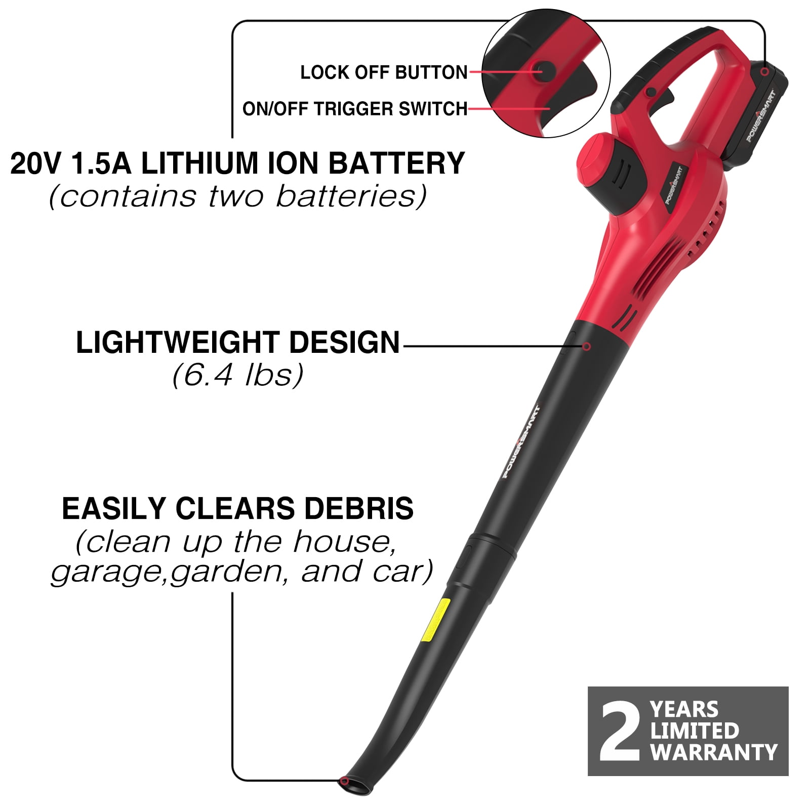 PowerSmart 20V Cordless Turbo Leaf Blower with Two 2.0 Ah Batteries - Image 2