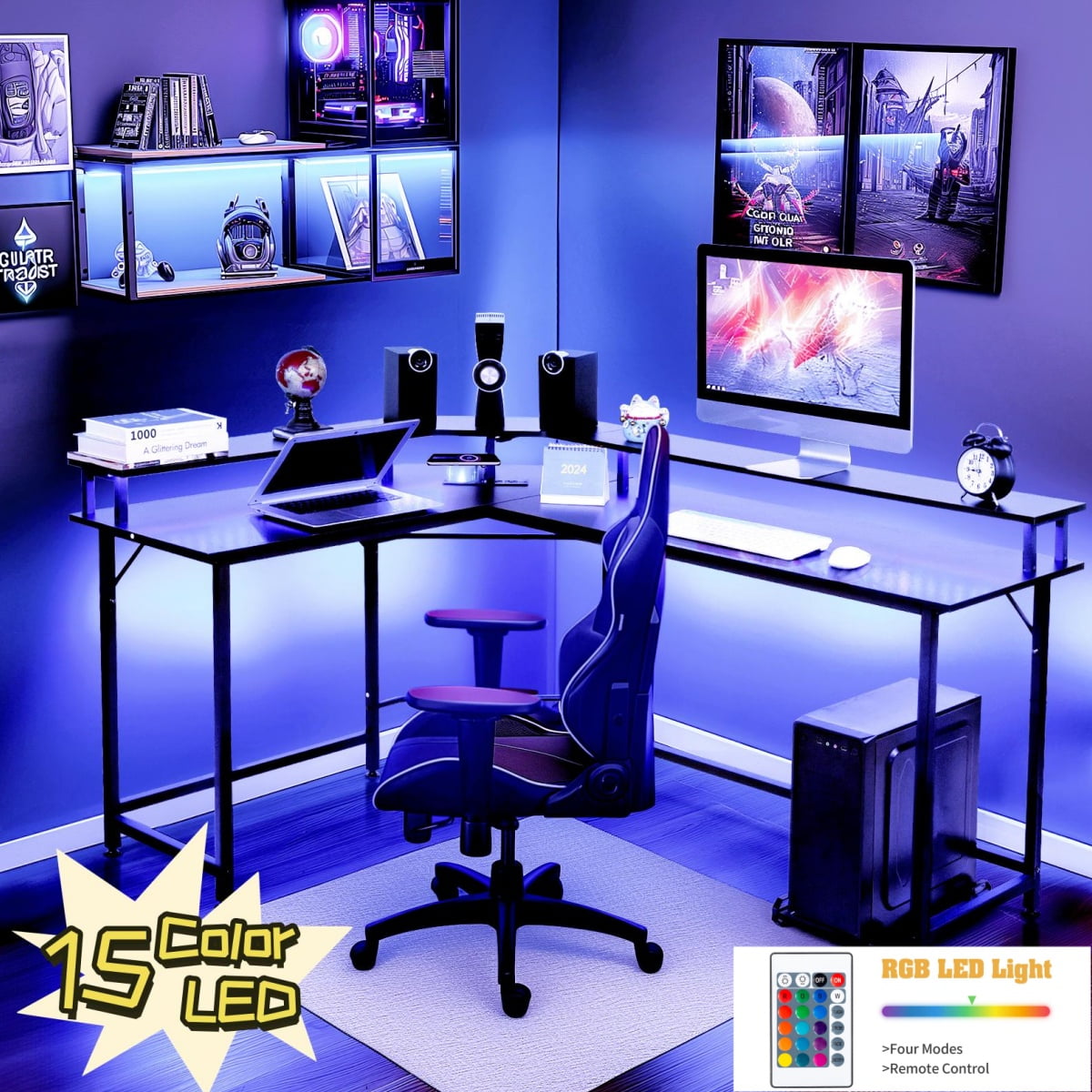 Ktaxon L-Shaped Gaming Desk with USB Wireless Charging, 55" Computer Desk with Monitor Stand, Corner Writing Desk with LED Light, Black - Image 9