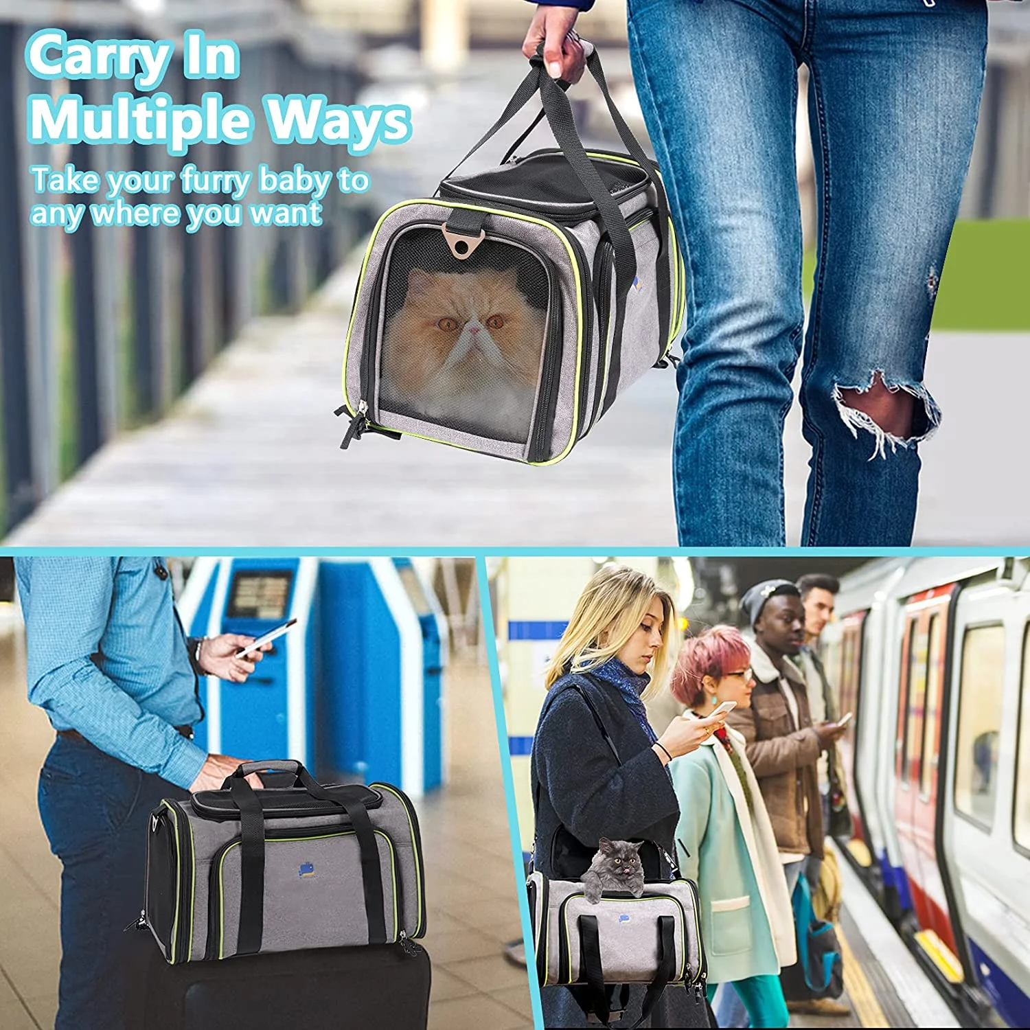 Q-Hillstar Pet Carrier, Cat Carriers, Expandable Airline Approved Soft-Sided Carrying Bag for Dogs Cats Puppy Small Animals, Gray - Image 3