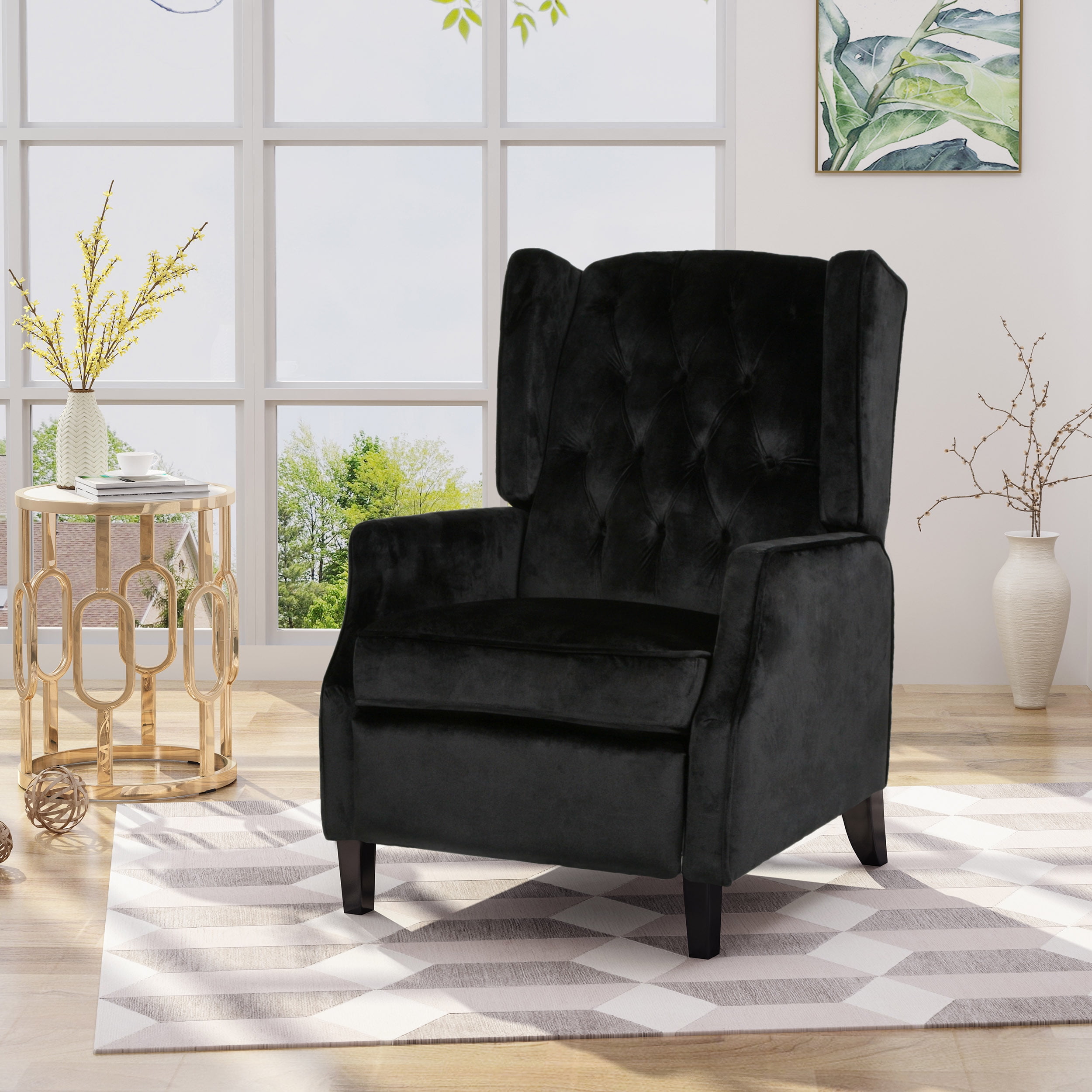 Noble House Zakyiah Standard Velvet Wingback Recliner, Black - Image 6