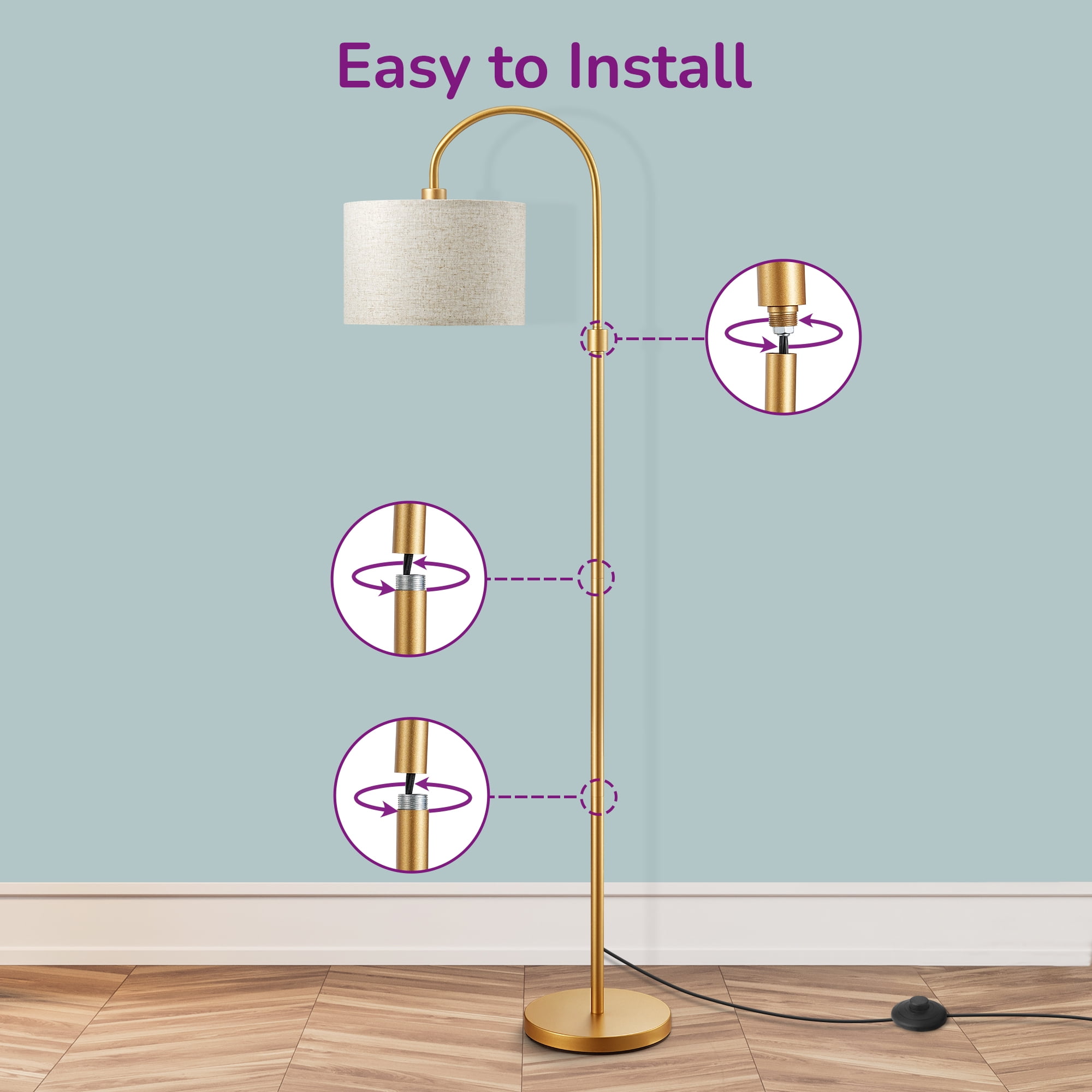 EDISHINE 62in Modern Arc Gold Floor Lamps for Living Room, Metal Standing Lamps with Foot Switch for Bedroom, Office, Home Decor - Image 3