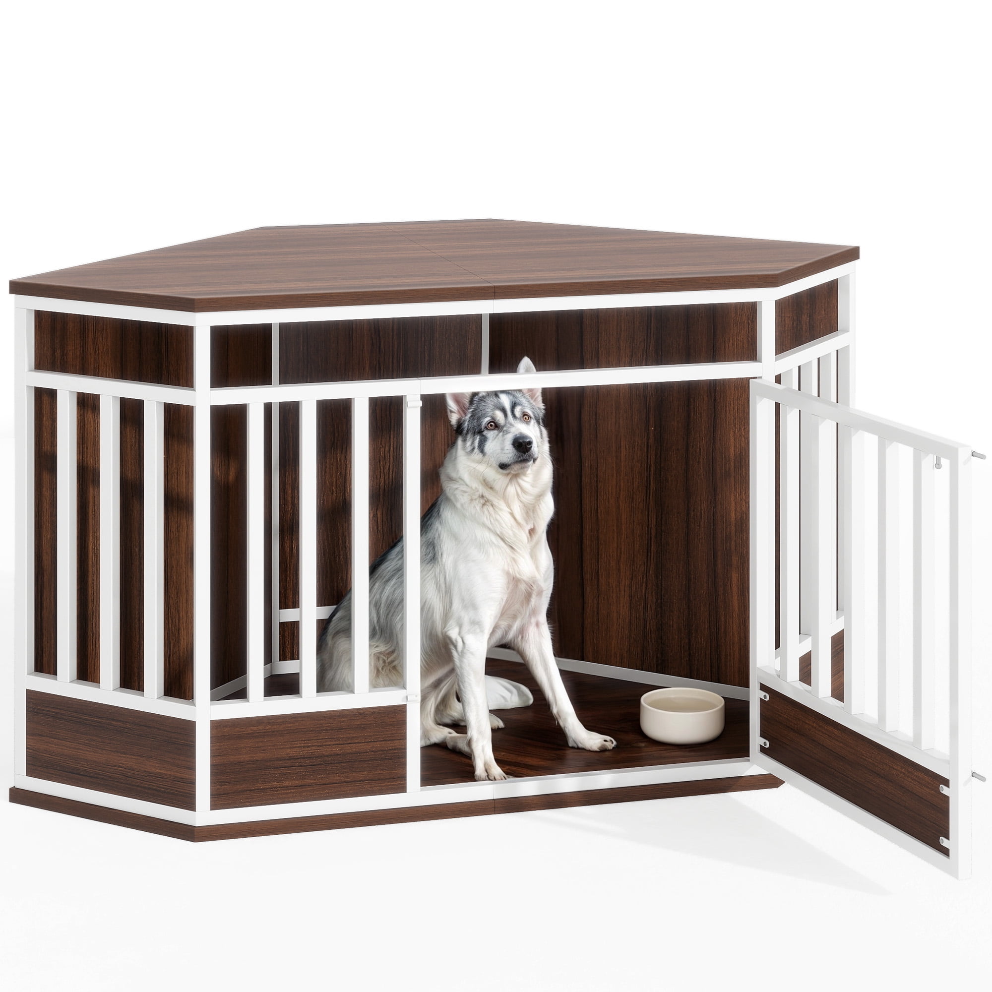 Uforic 52 Inch Heavy Duty Corner Dog Crate Furniture, Large Wooden Dog Kennel End Table for Large Dogs - White & Walnut - Image 8