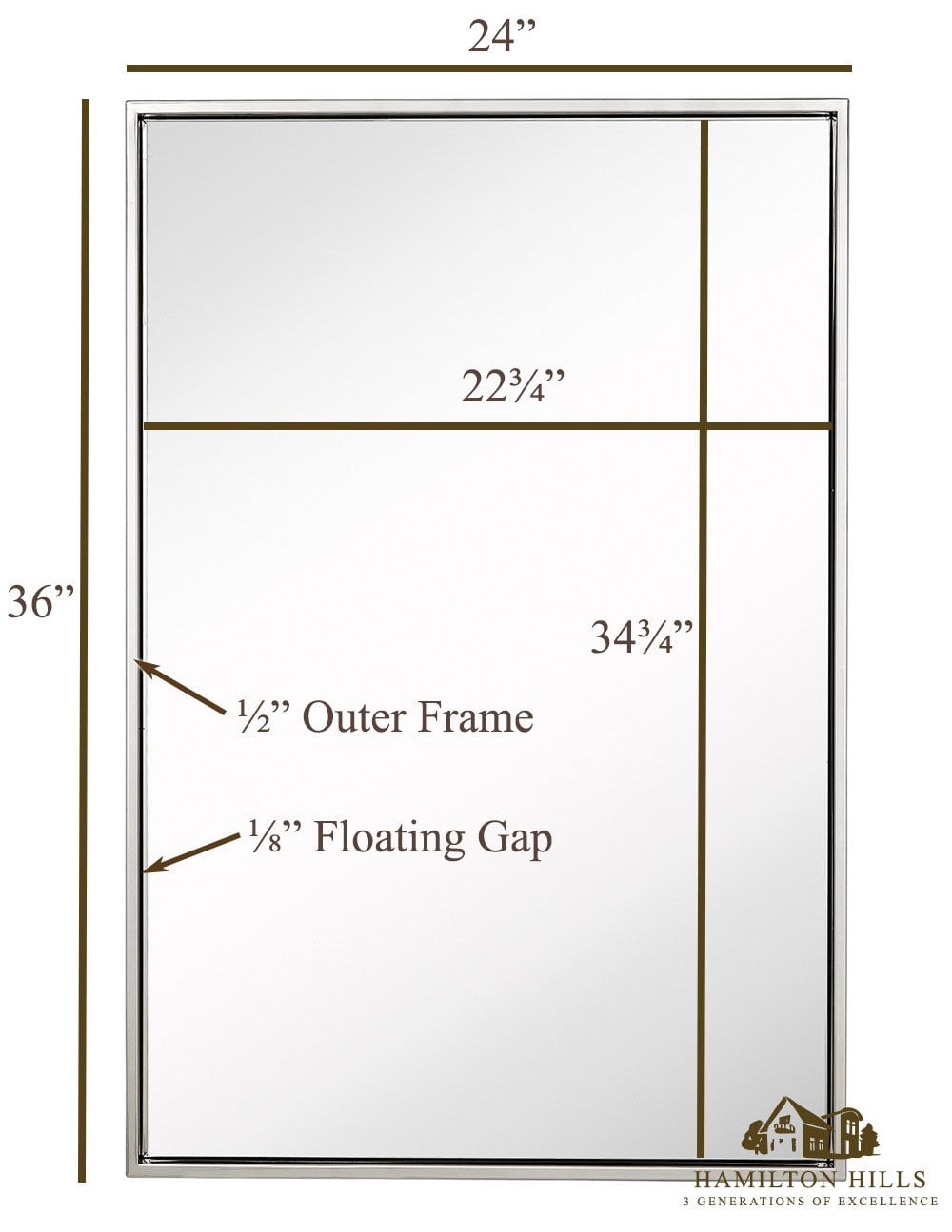 Hamilton Hills Clean Large Modern Polished Nickel Frame Wall Mirror Contemporary Premium Silver Backed Floating Glass Vanity Bathroom Metal Frame Rectangle Hangs Horizontal or Vertical (24" x 36") - Image 5
