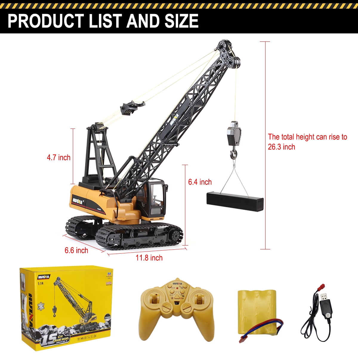 Fisca 1/14 Metal Hook Remote Control Crane Crawler Toys for Kids, 15 Channel RC Construction Vehicles Trucks Toys - Image 6