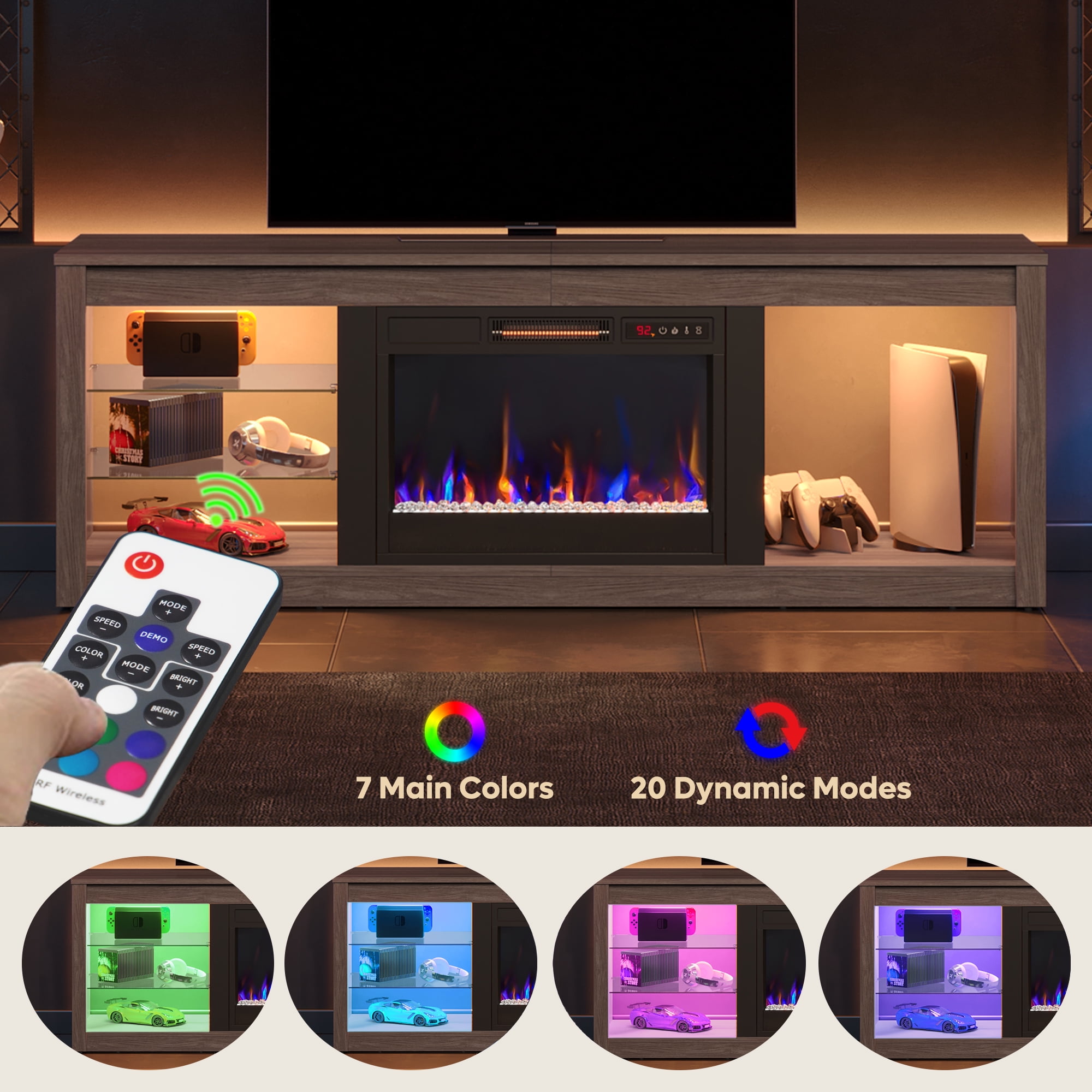 Bestier Modern Electric 7 Color LED Fireplace TV Stand for TVs up to 70", Pine - Image 12