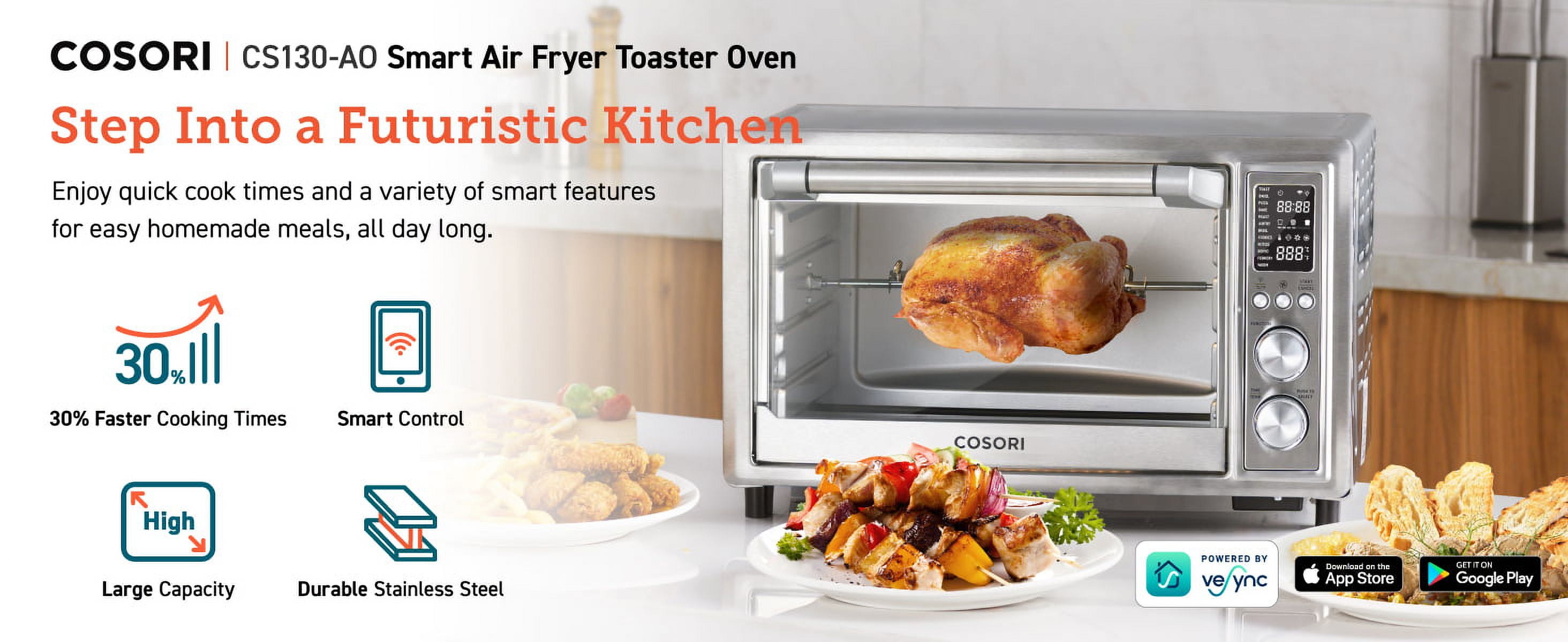 COSORI 32Qt / 30L Smart Air Fryer Toaster Oven, XL Large Capacity, 11 Presets, Rotisserie, Dehydrator, Works with Alexa, Sliver, Bonus Wire Rack - Image 2