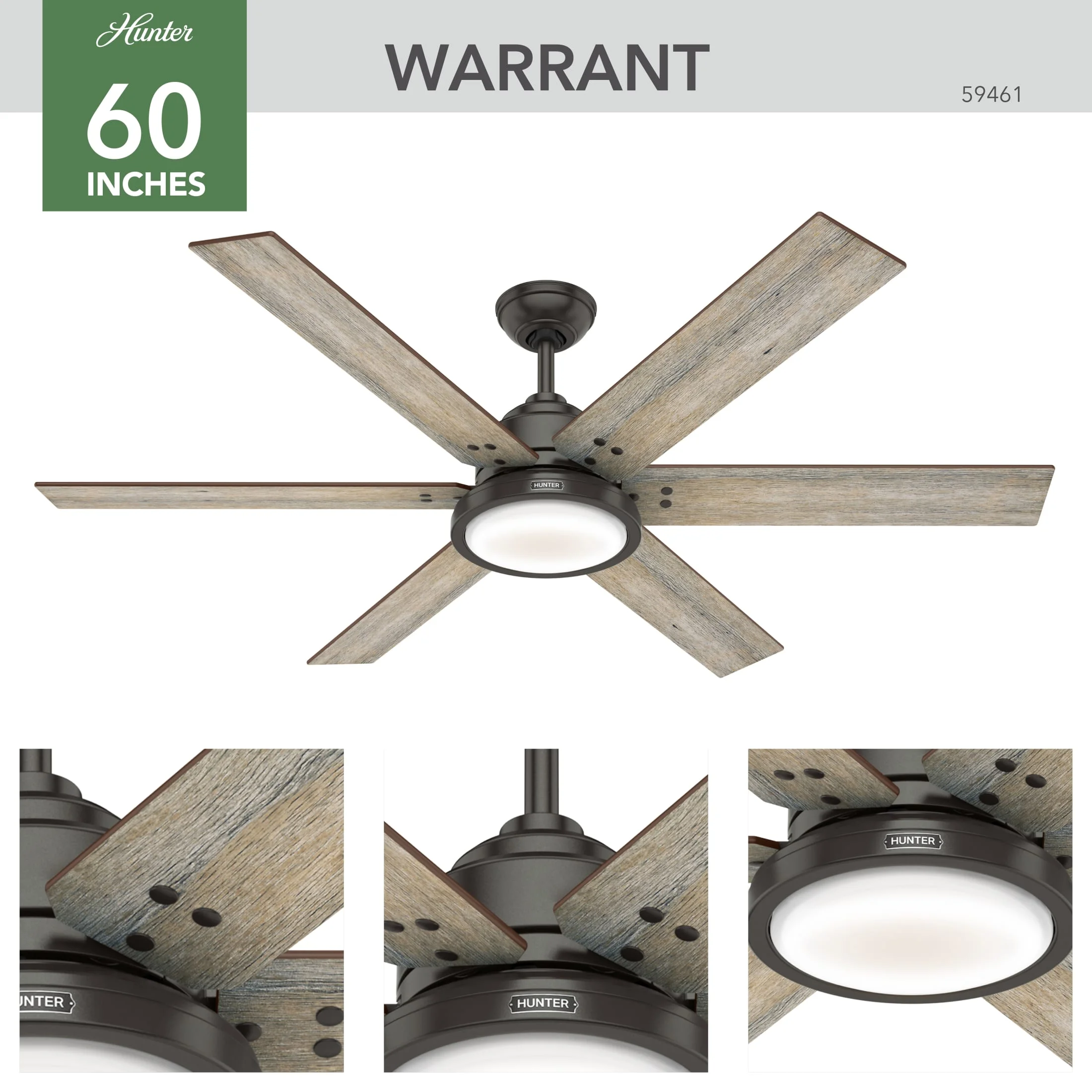 Hunter - Warrant Indoor Ceiling Fan With Light, Wall Control, 60-inch, Noble Bronze, Casual-style, 6-speed, Energy Star, 59461, for living rooms, bedrooms, home offices, kitchens - Image 10