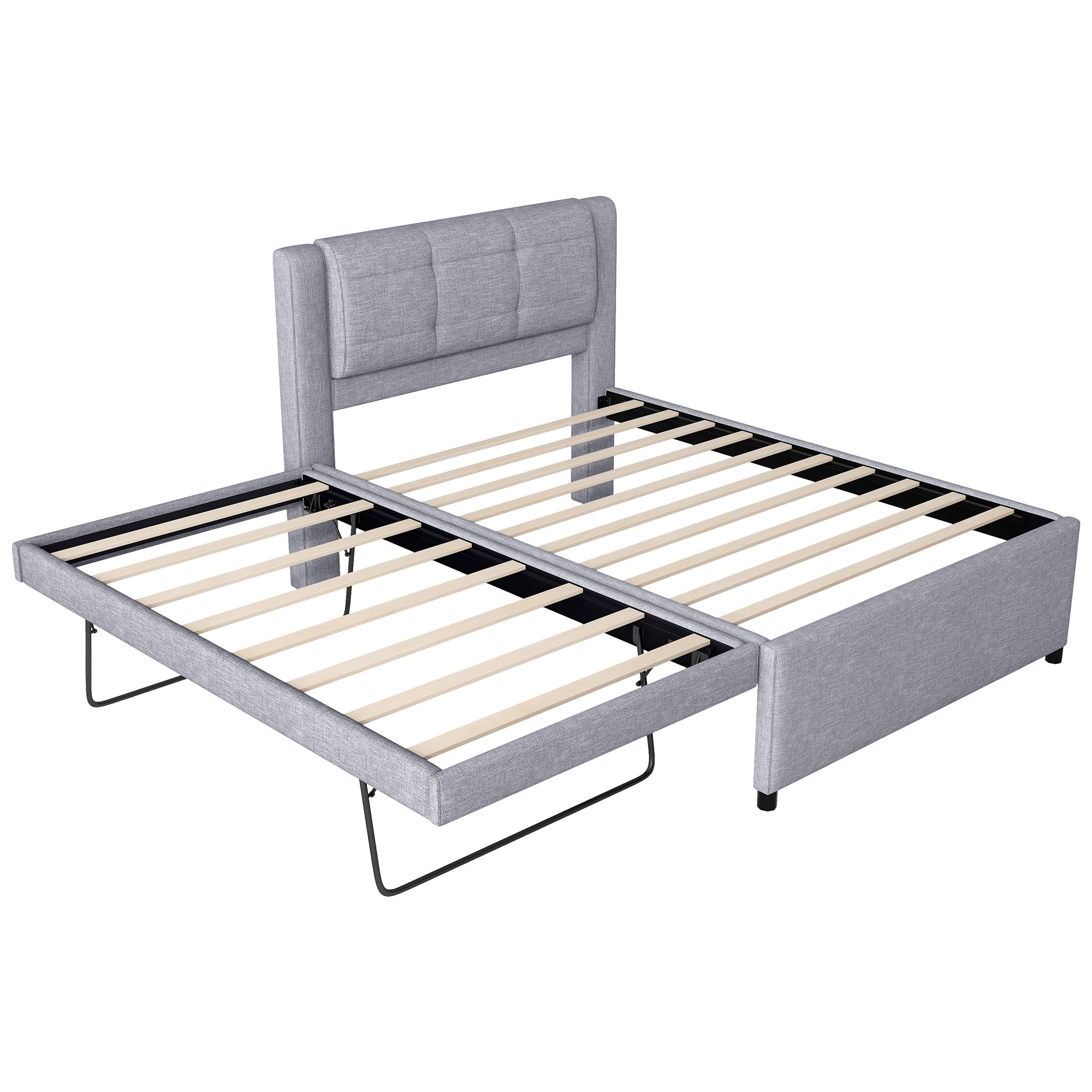 Euroco Upholstered Full Platform Bed with Pop-up Twin Trundle for Bedroom, 2 Beds in One, Gray - Image 2