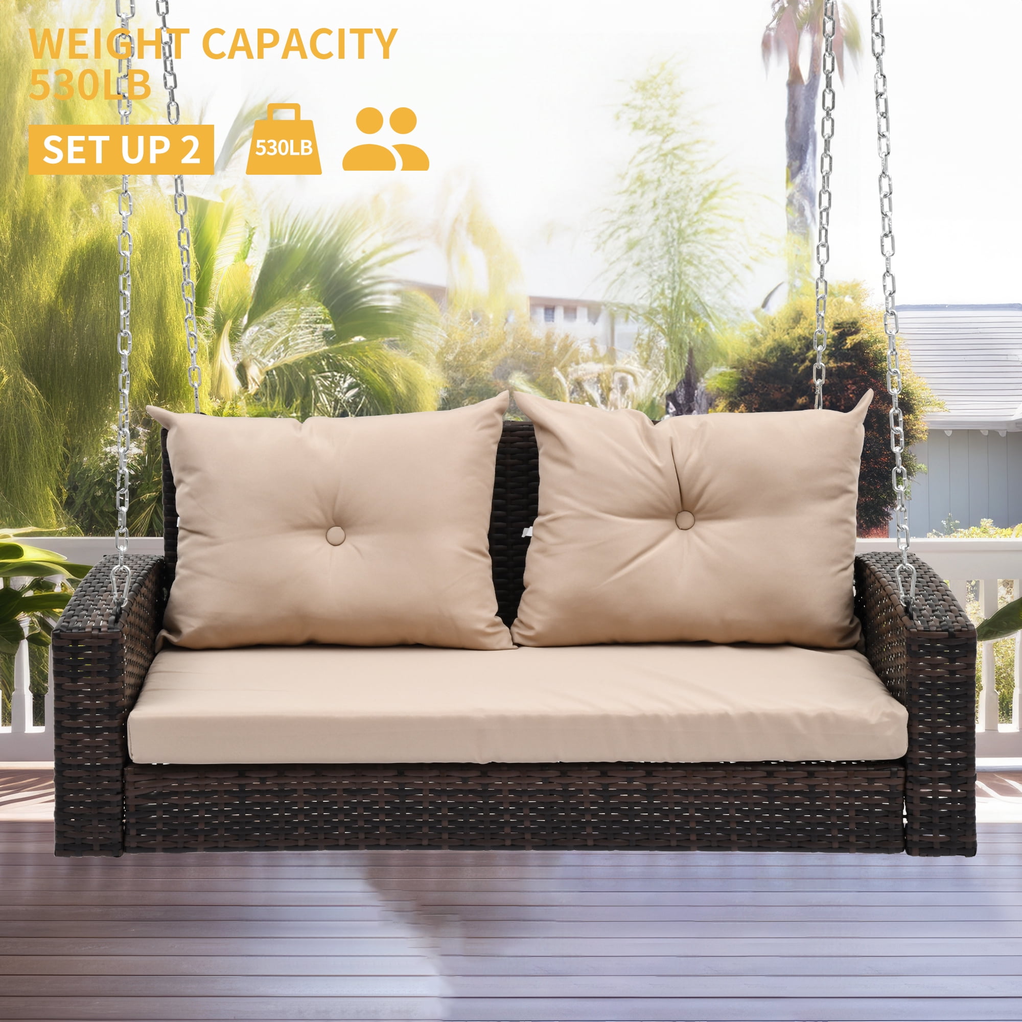 Dextrus Wicker Hanging Porch Swing Chair Outdoor Brown Rattan Patio Swing Lounge w/ 2 Back Cushions Capacity 530lbs for Garden, Balcony, Living Room, Beige - Image 2