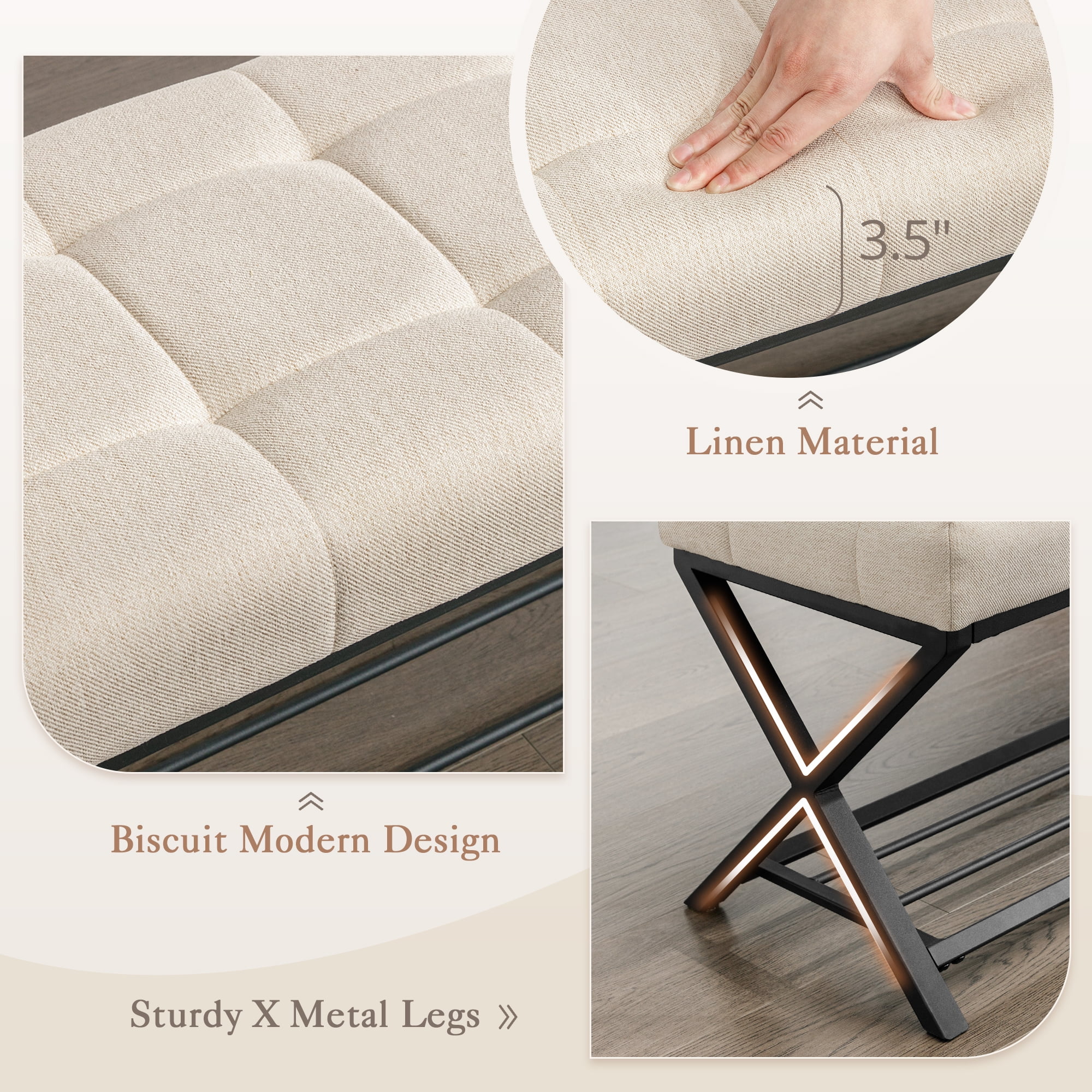 Dycanpo 44.5" End of Bed Bench,Tufted Upholstered Bench with Shoe Shelf, Linen Color - Image 3