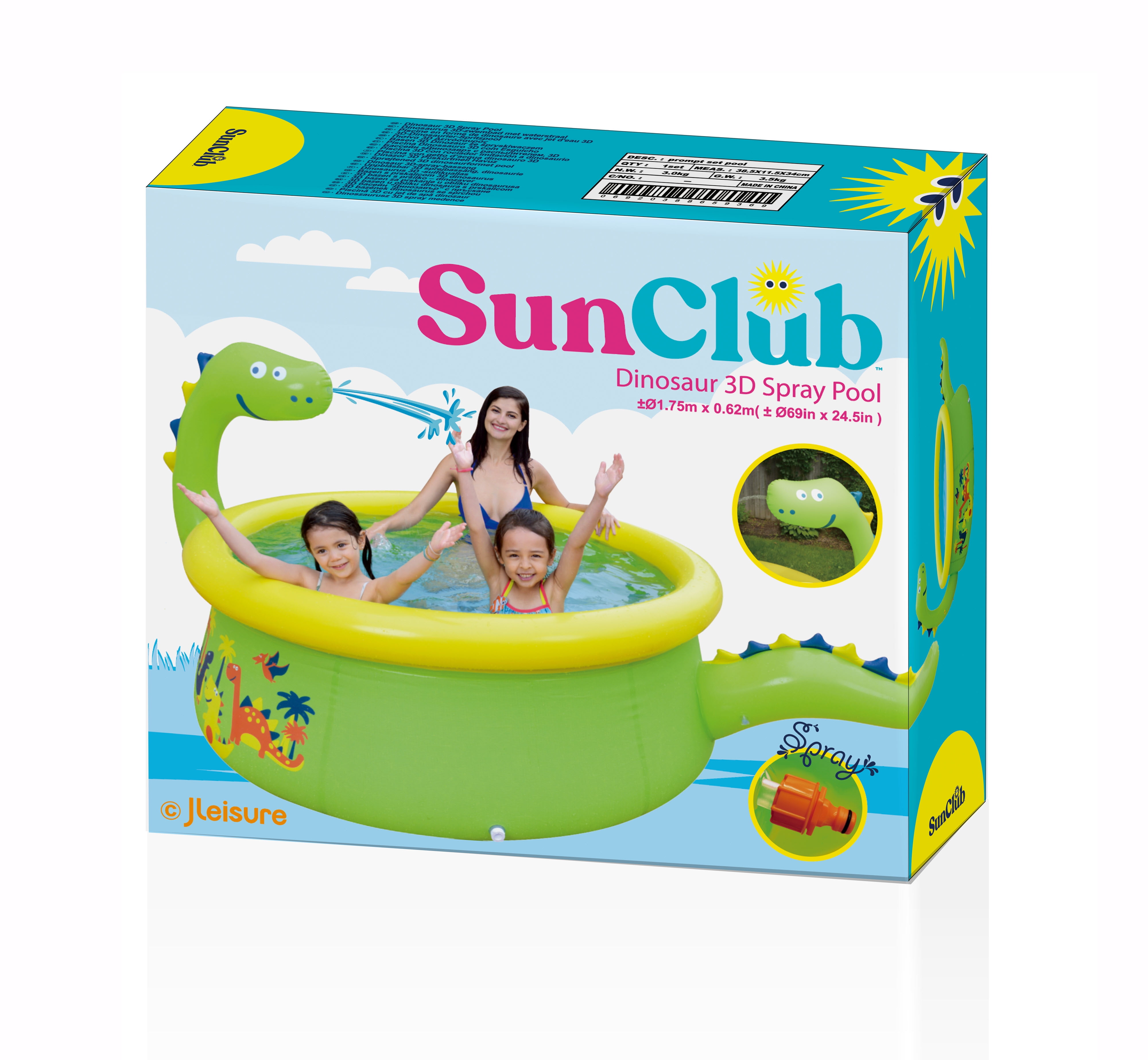 Sunclub 69" x 24.5" Green Round Inflatable Dinosaur Kiddie Pool with Spray Feature - Image 2