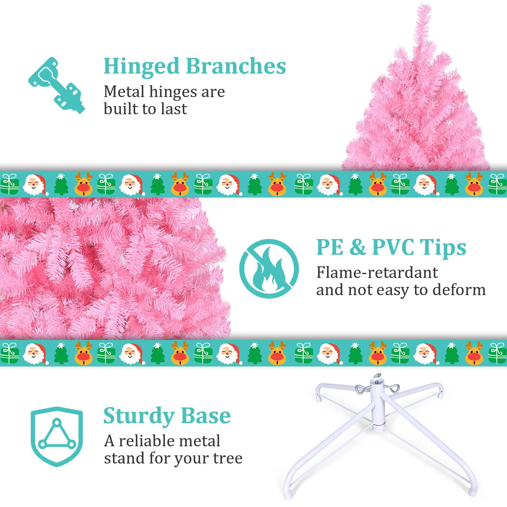 Funcid 6ft Pink Artificial Christmas Tree, Hinged Spruce Full Tree with 1,477 Branch Tips, 250 Incandescent Lights, Foldable Metal Stand, PVC Material, Xmas Tree for Indoor and Outdoor Decoration - Image 8