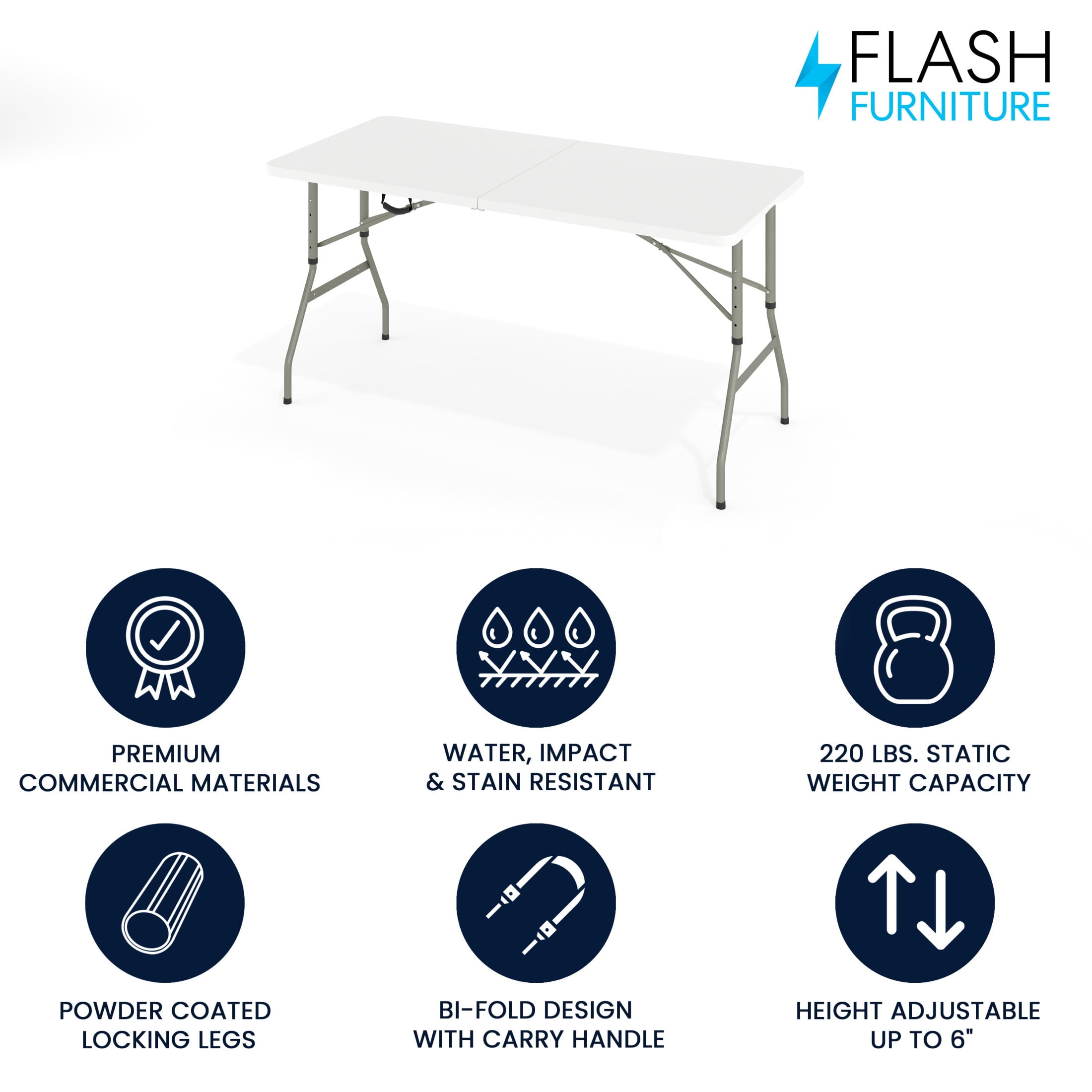 Flash Furniture Kathryn 5' Rectangular Adjustable Plastic Folding Event Table with Handle, White - Image 5
