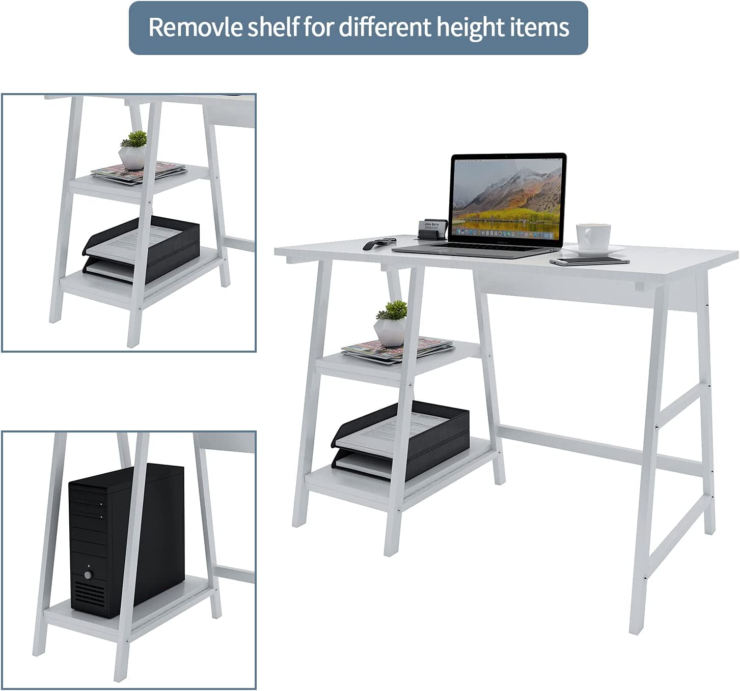Natwind 43" White Desk Home Office Computer Working Student Study Table with 2-Tier Storage Bookshelves Modern Simple Study Laptop Writing Elegant Style Desk Workstation for Office Home White - Image 4