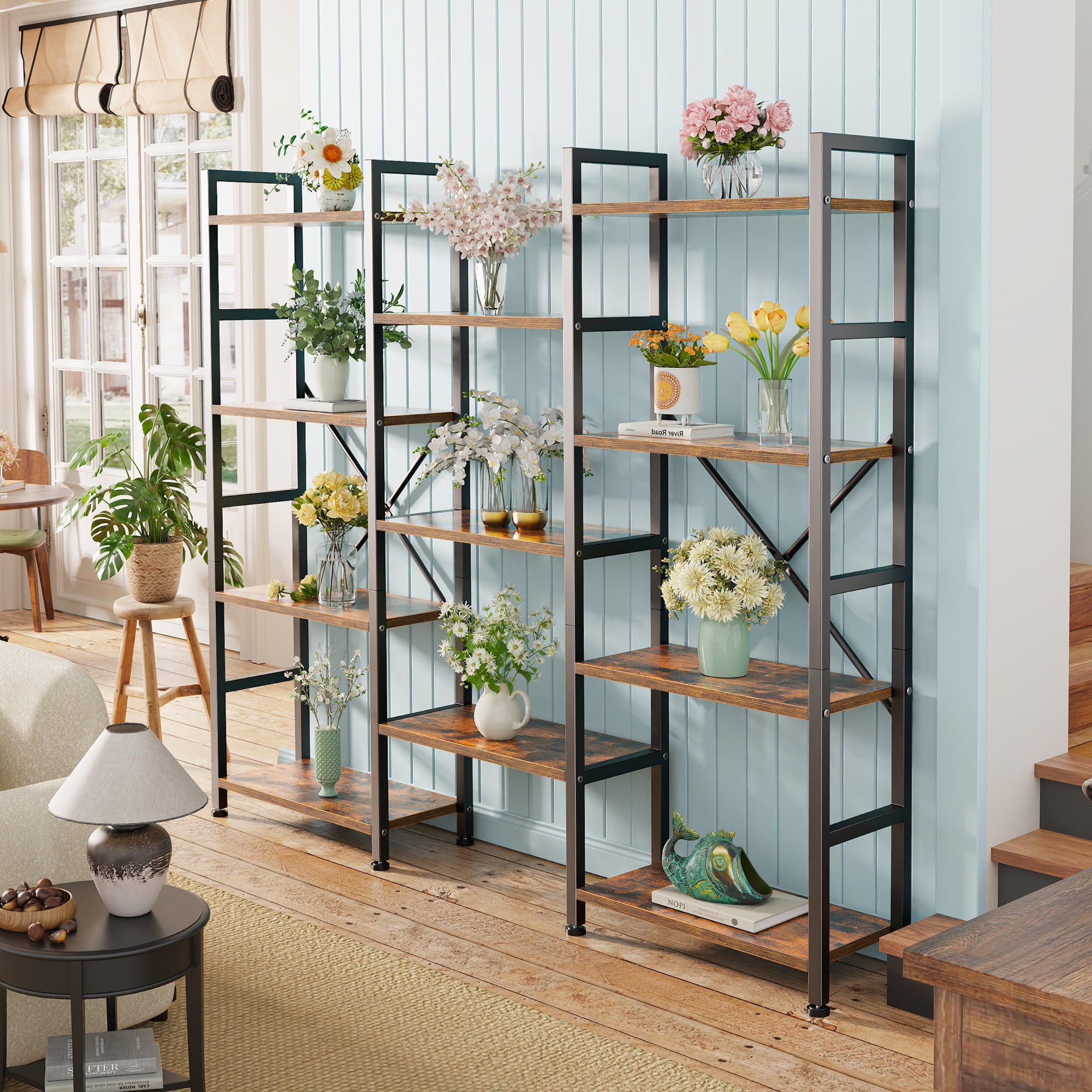 4 Tiers Industrial Bookcase and Bookshelf, Metal Wood 11 Display Shelves, Large Book Shelf for Living Room, Storage Shelf Organizer, Book Case in Brown - Image 3