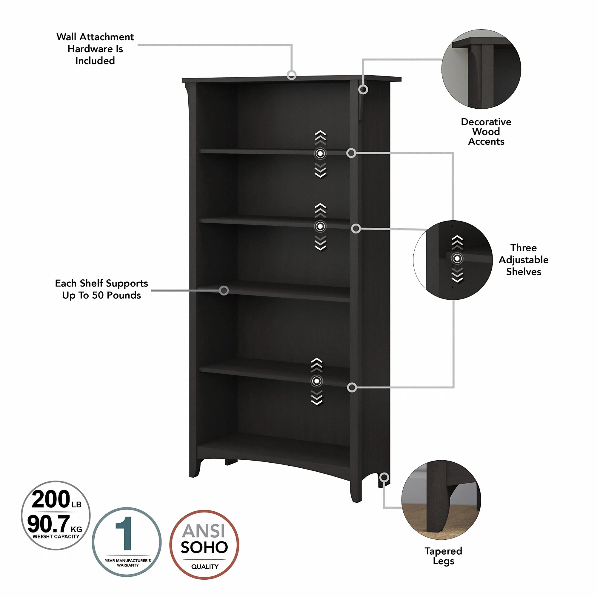 Bush Furniture Salinas Tall 5 Shelf Bookcase, Vintage Black - Image 3