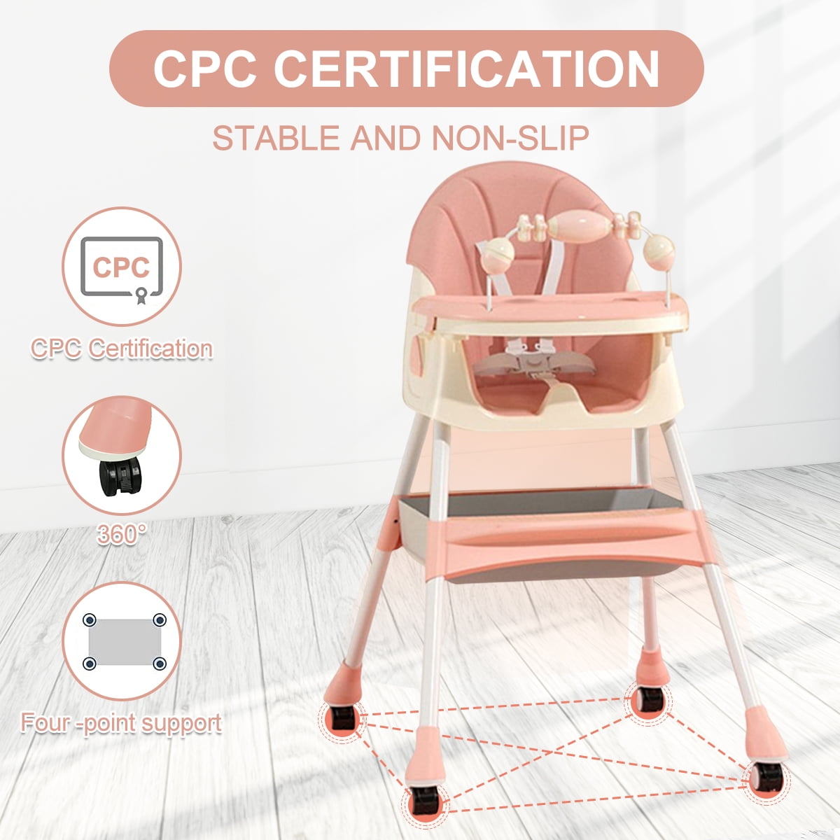 FACNOATIHN Baby High Chair, 4-in-1 Foldable Highchair Dining Feeding Chair with Five-Point Harness Double Dining Plate & Toy Rack, Infant to Toddler, Pink - Image 11