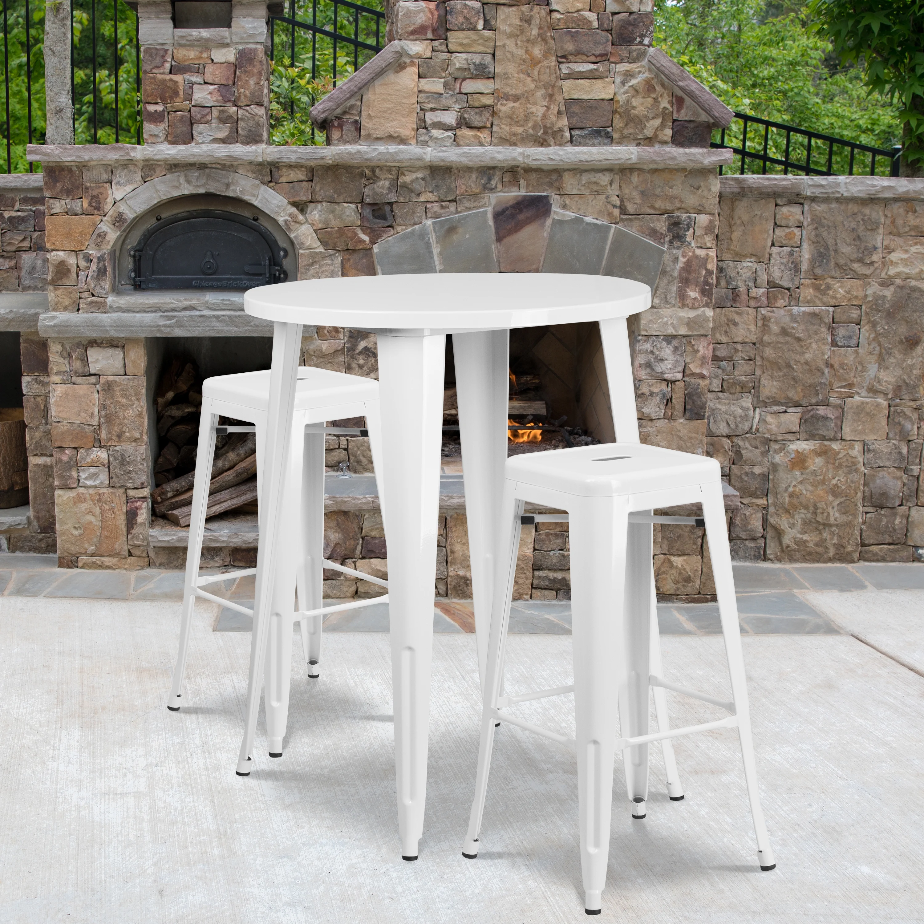 Flash Furniture Boyd Commercial Grade 30" Round White Metal Indoor-Outdoor Bar Table Set with 2 Square Seat Backless Stools - Image 3