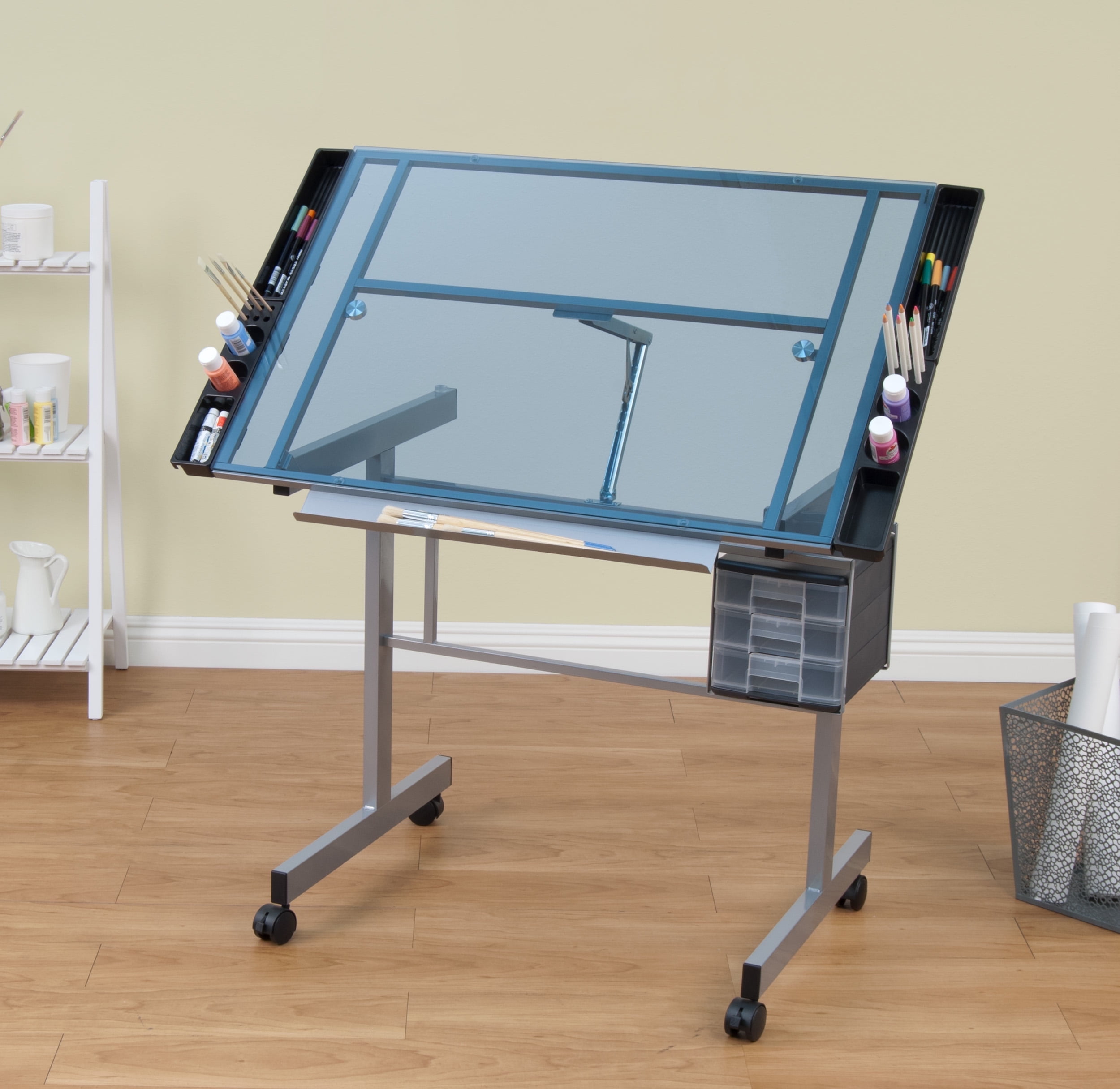 Studio Designs Vision Craft Station Tempered Glass Adjustable Top, Rolling Drafting Table, Silver Blue - Image 13