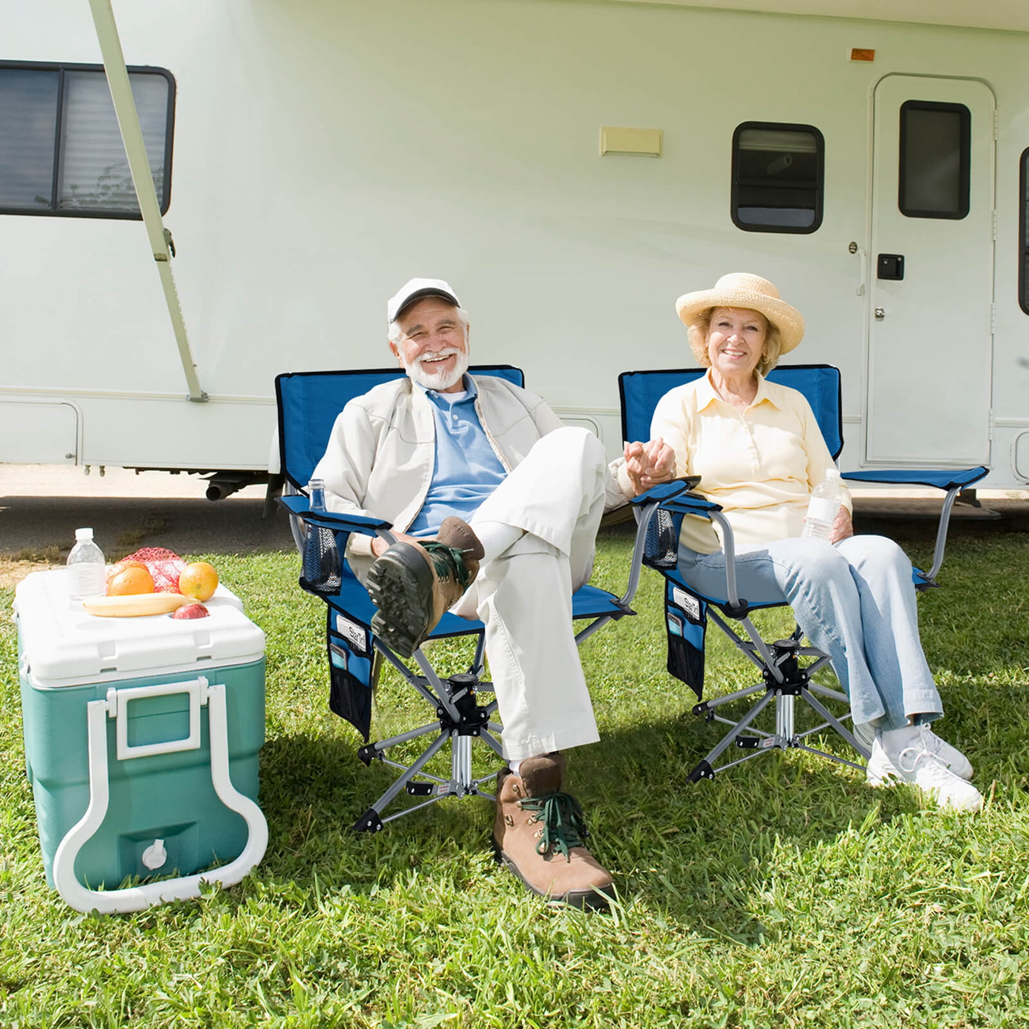 Costway 360° Swivel Hunting Chair with Mesh Cup Holder & Storage Pockets Cozy Backrest Blue - Image 2
